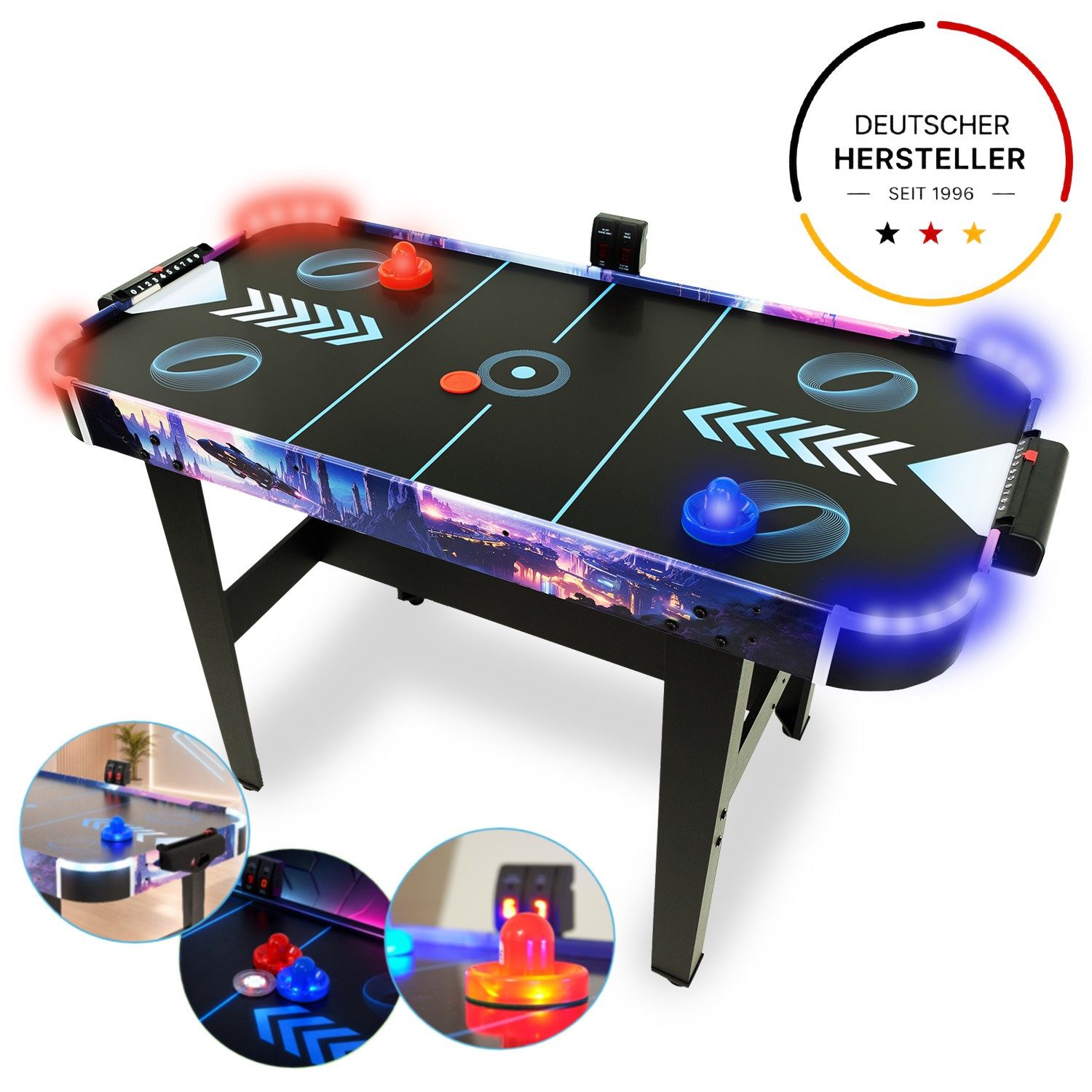 FASports Air-Hockeytisch LED Airhockeytisch für Kinder ab 8 Jahre inkl. leuchtende Pusher/Pucks, (LED Airhockey Tisch Skyline Arena), Sporttisch, Spieltisch für Jugendliche mit LED-Beleuchtung