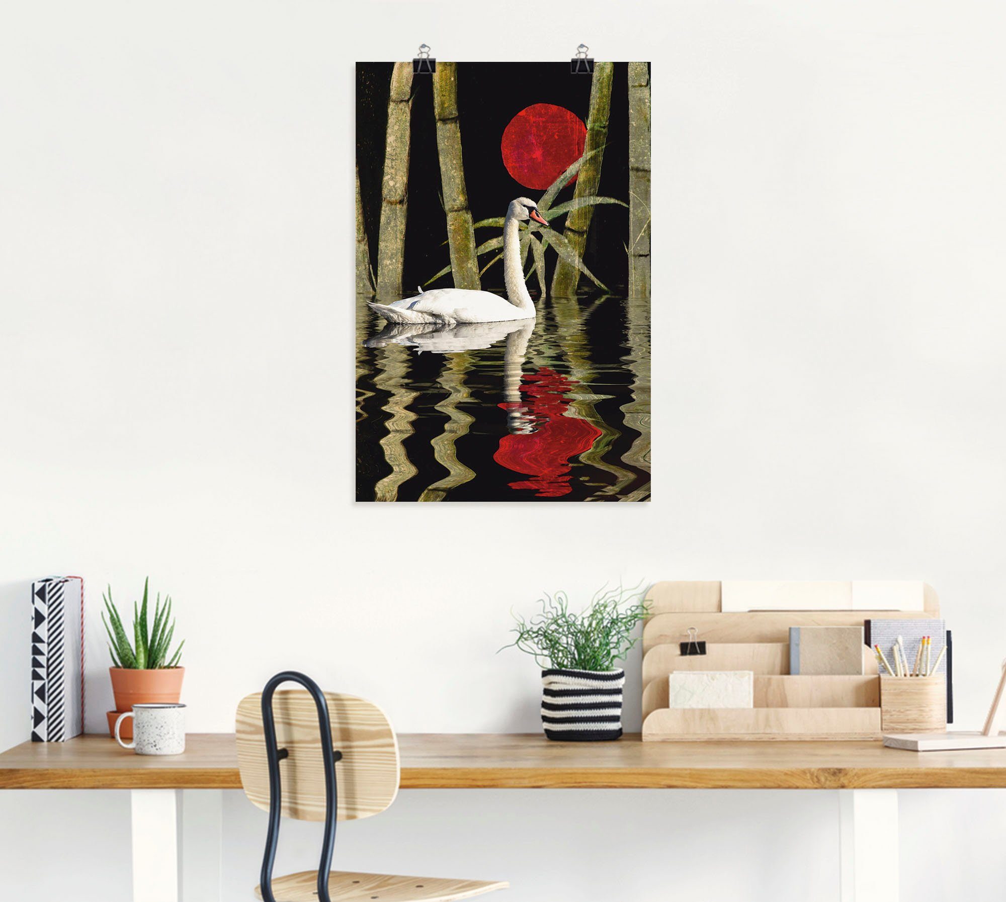 Artland Wandbild Blutmond Leinwandbild, Wandaufkleber oder Poster Alubild, Schwanensee, dem St), (1 Größen Bilder Schwanen über als versch. in