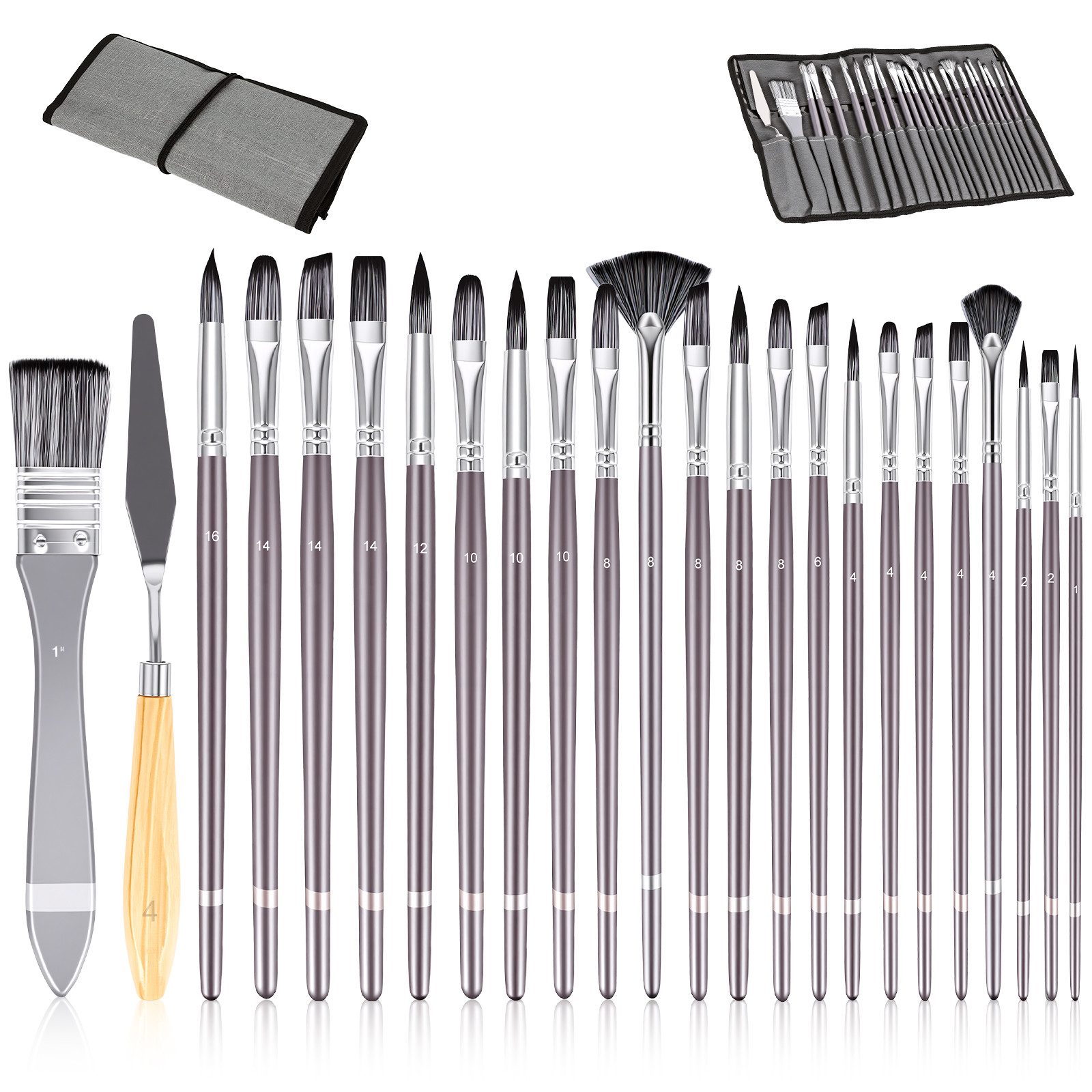 BlingBin Malpinsel Pinselset Acrylfarben, 24 Stück Pinsel Acrylfarbe mit Pinseltasche, (24er Set, 24 St., 24-teiliges Nylon-Pinselset), für Acryl, Öl, Aquarell, Gouache, Anfänger & Künstlerbedarf