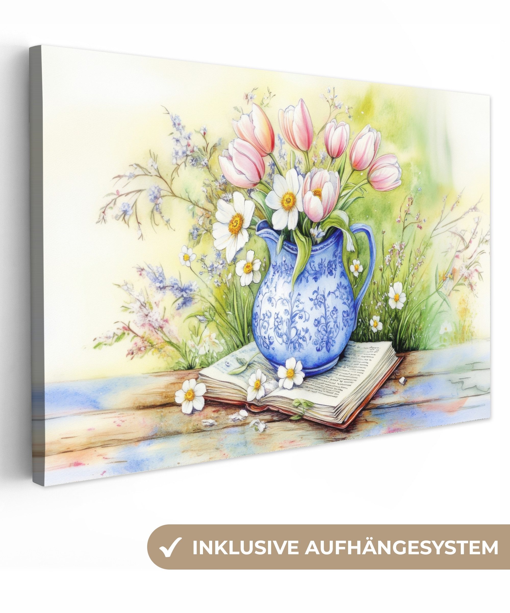 OneMillionCanvasses® Leinwandbild Vase - Delfter Blau - Gänseblümchen, Foto günstig online kaufen
