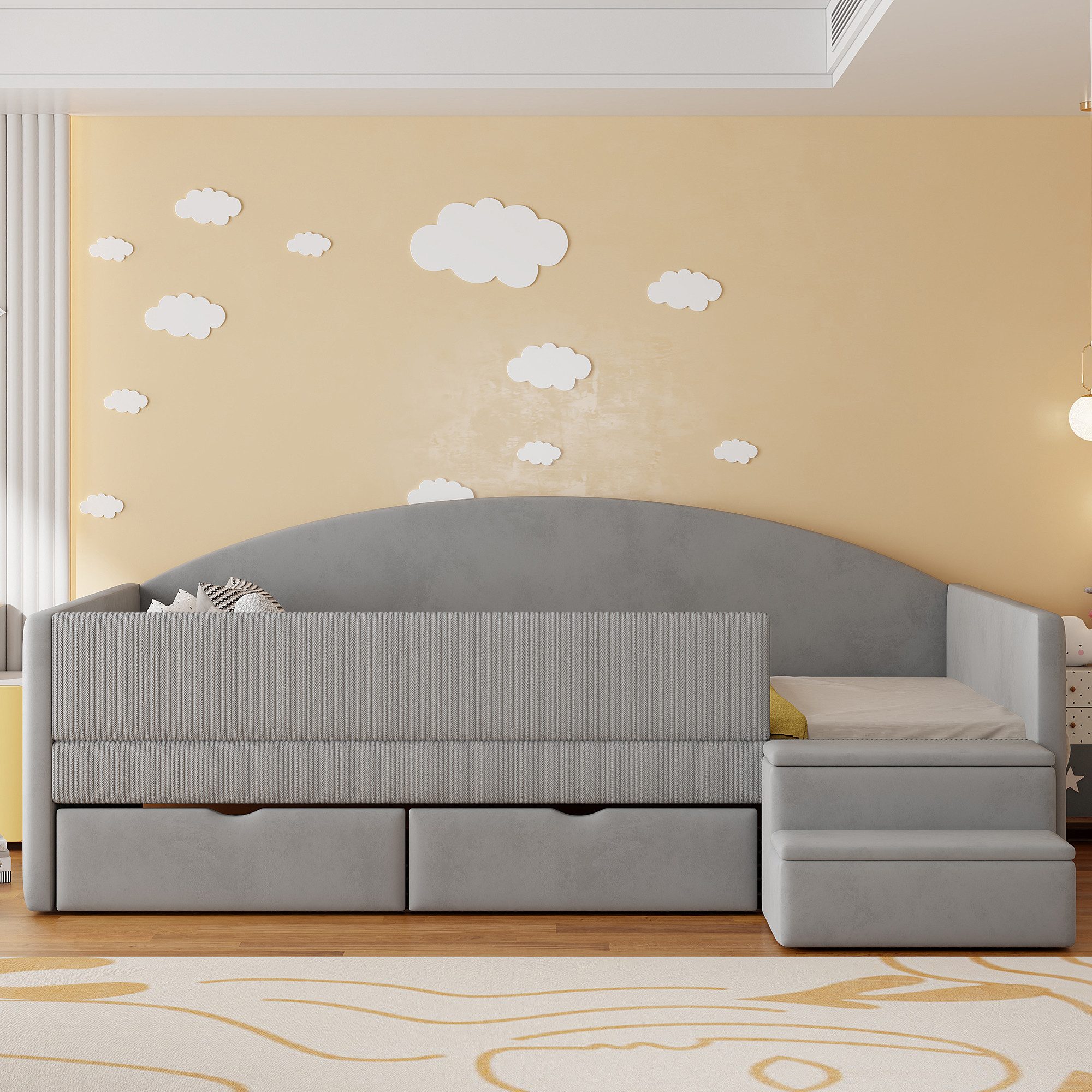 Flieks Polsterbett, Kinderbett Einzelbett 90x190cm mit 2 Schubladen Treppe Rausfallschutz