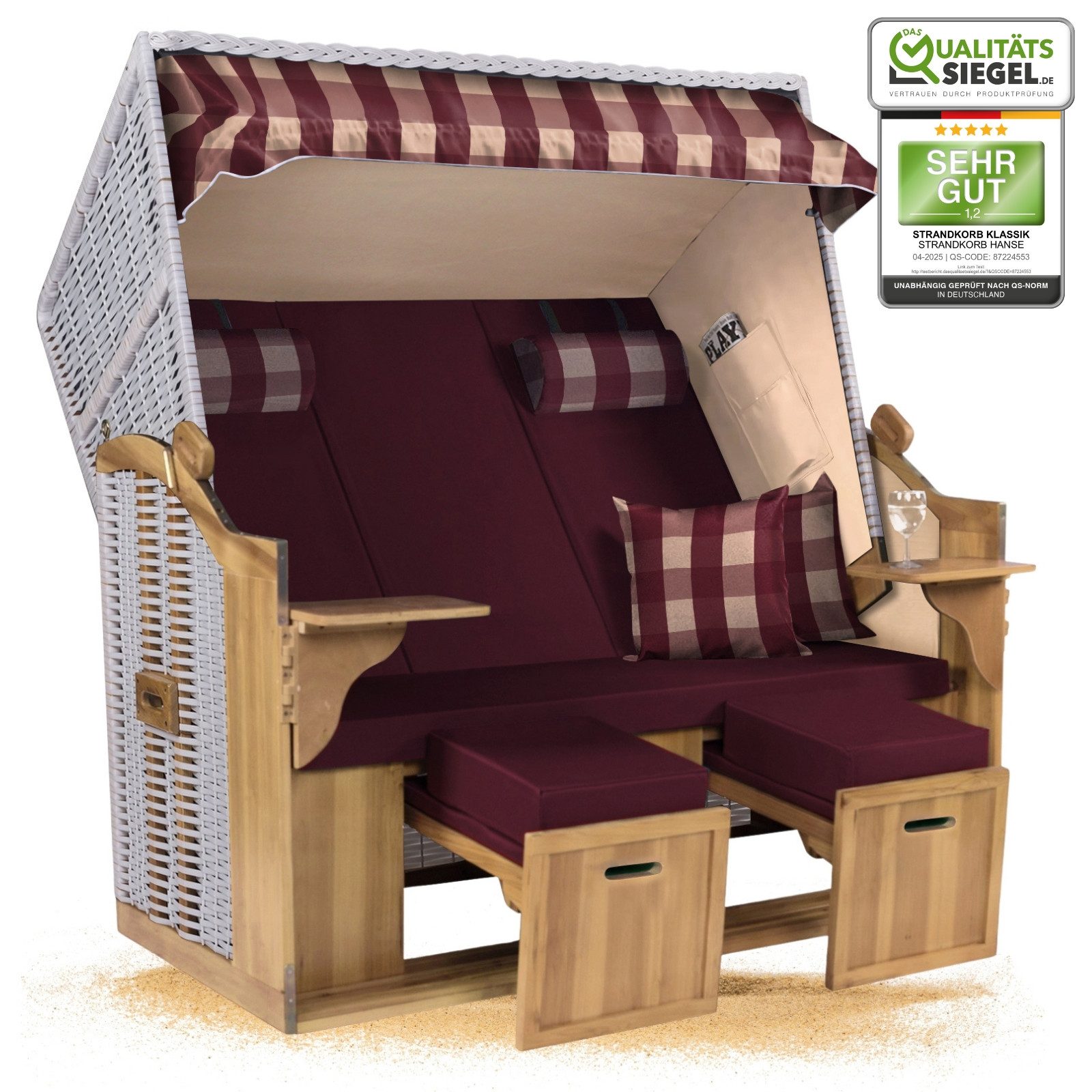 Strandkorb Hanse Strandkorb Strandkorb Ostsee XXL 2,5-Sitzer Volllieger Weiß Rot, BxTxH: 150x80x160 cm, Ostsee XXL Volllieger, Ostsee 2,5-Sitzer Modell 2025, Stabiles Wacholder mit handgefertigtem Polyrattangeflecht