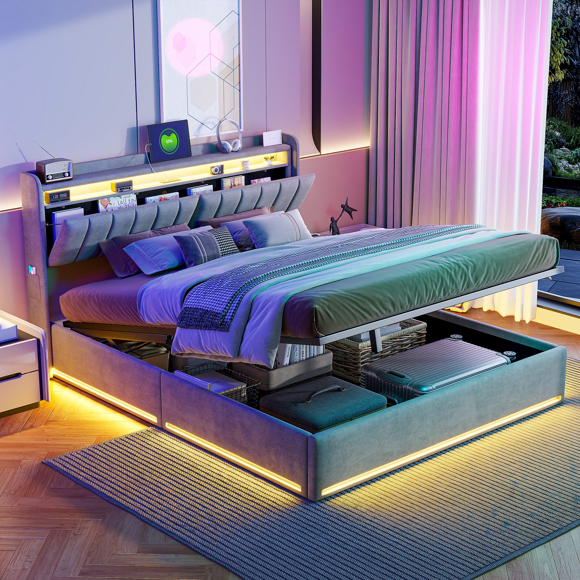 PXloue Polsterbett LED Doppelbett, Bettkasten, Ladefunktion, günstig online kaufen