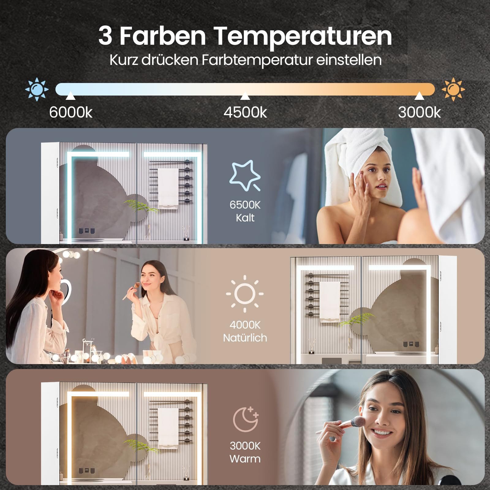 Luxstein Spiegelschrank Bad mit Beleuchtung und Steckdose, Verstellbares Regal, Entfogging-Funktion, Wandmontage – Bild 3 von 5
