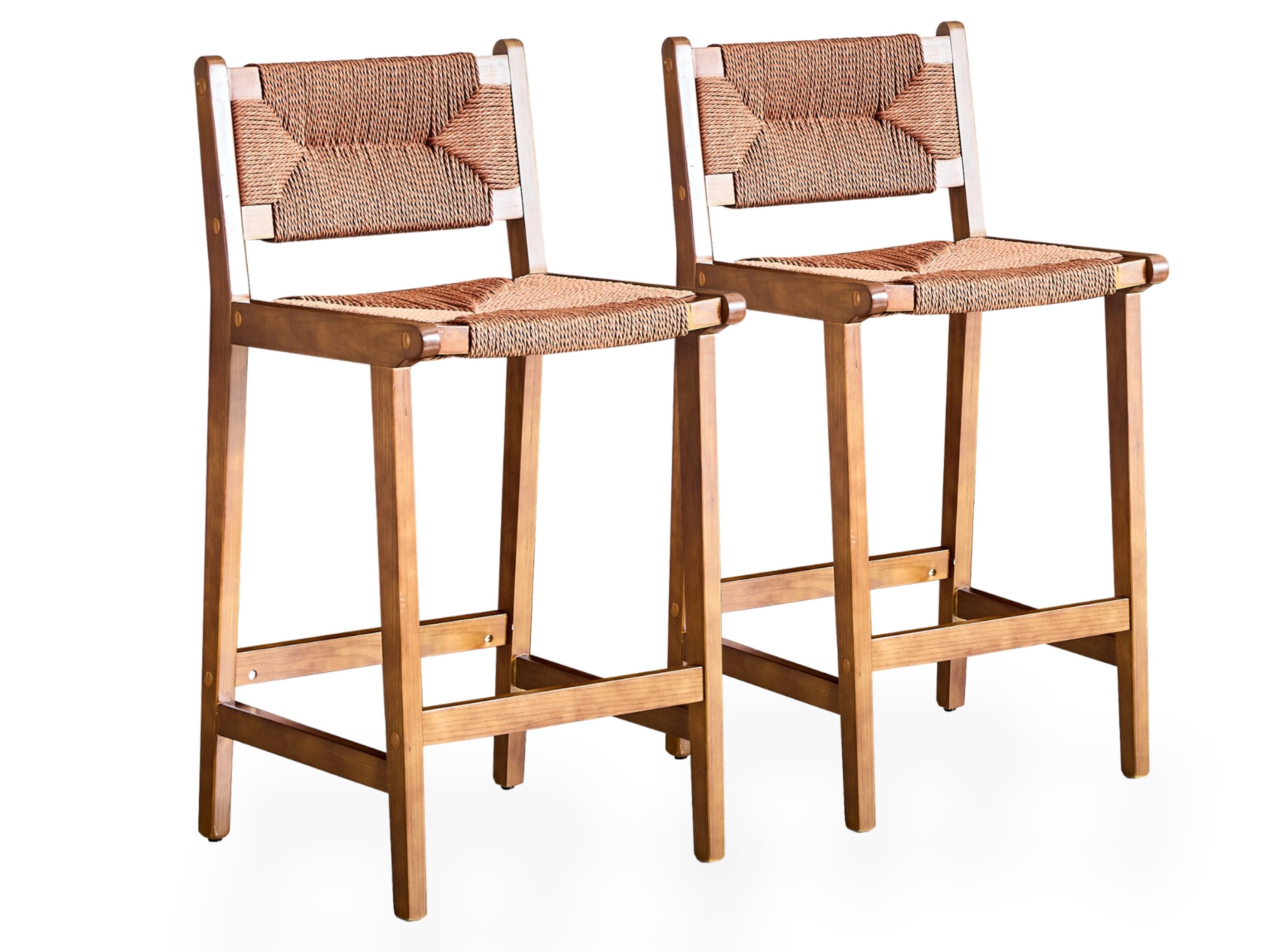 SeedWave Barhocker 2er Set Barstuhl im Holzrahmen, mit Papiergeflochtenem Rücken & Sitz, Küchenhocker im Skandinavischem Design, mit Fußstütze