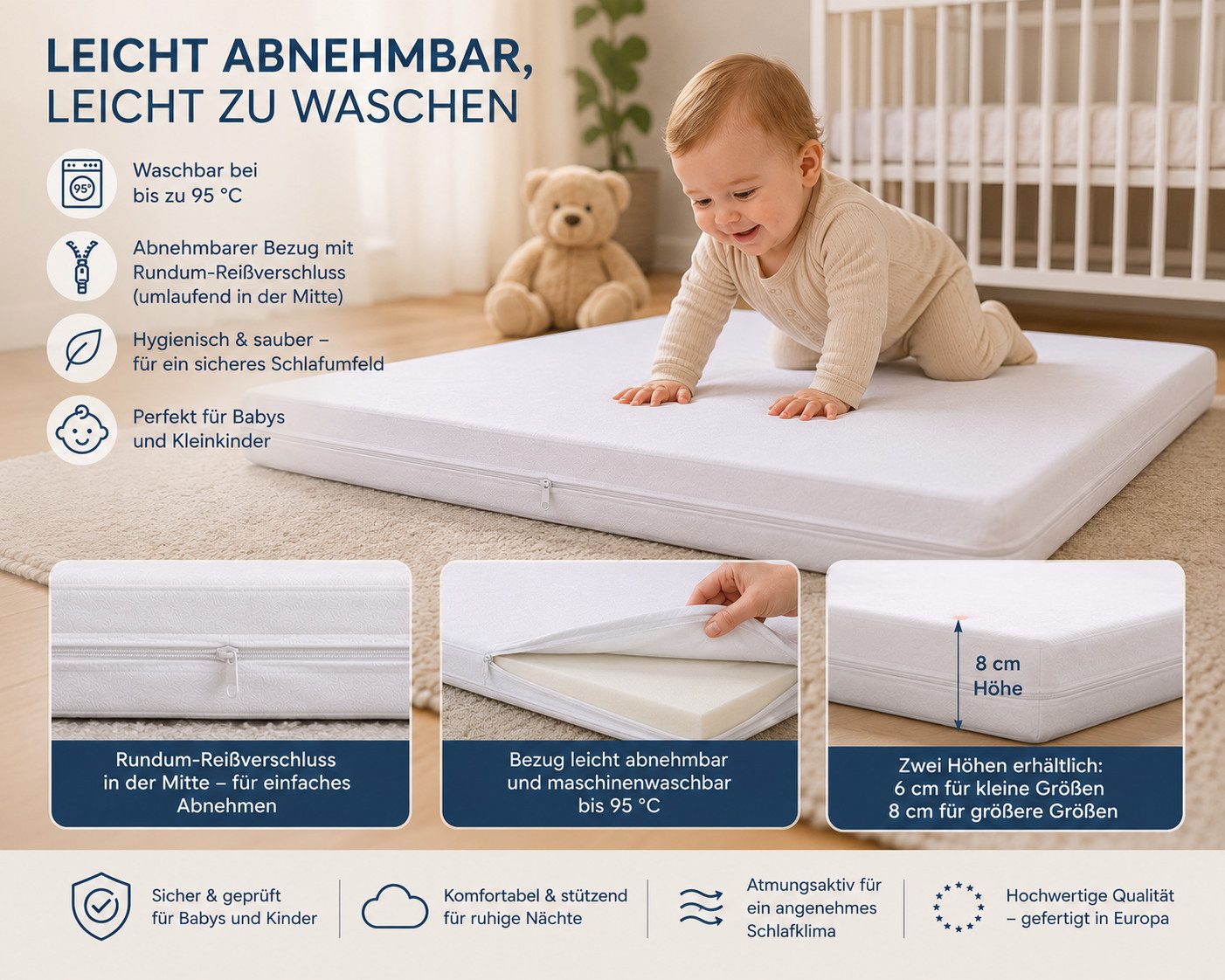 Komfortschaummatratze Kindermatratze – Komfortschaum, hygienisch, weich & pflegeleicht, Best for Kids, 6 cm hoch, (Einzelartikel, 1 × Schaumkernmatratze), allergikergeeignet, hygienisch, abnehmbarer Bezug mit Reißverschluss