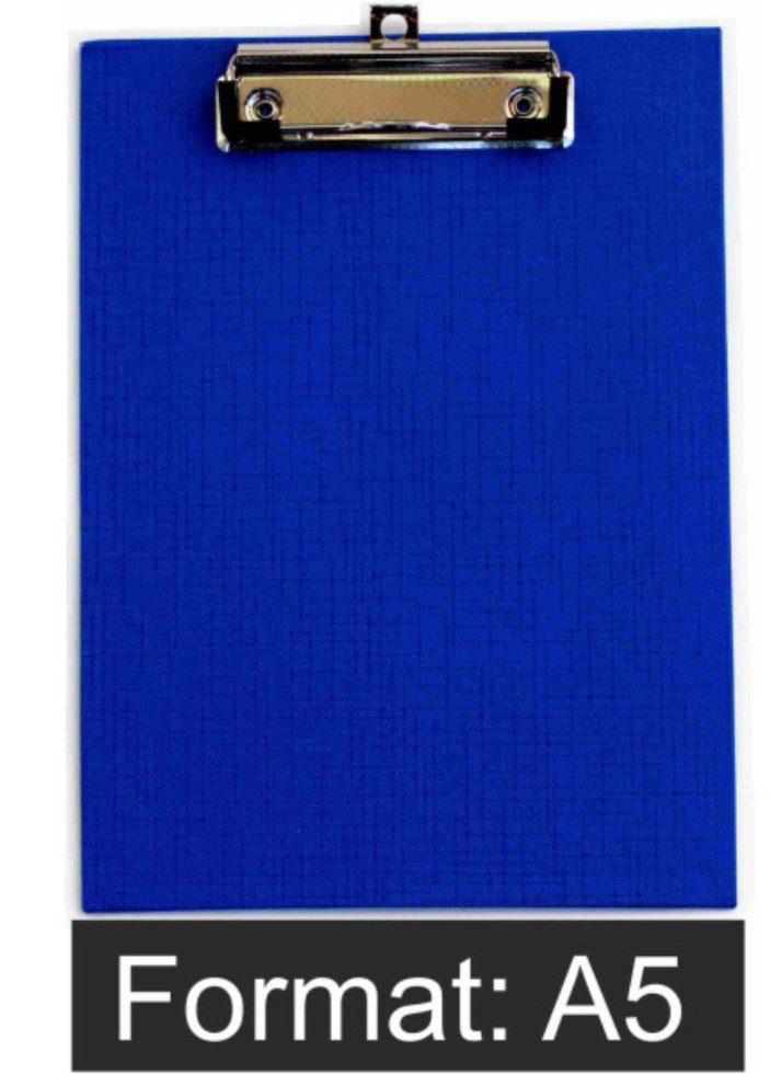 d.rect Schreibmappe Klemmbrett Schreibplatte Klemmplatte A5 leinengeprägt (Stück, 1-St., 1-Stück), aus Graupappe, mit PVC-Folien Überzug und Drahtbügelklemme Blau