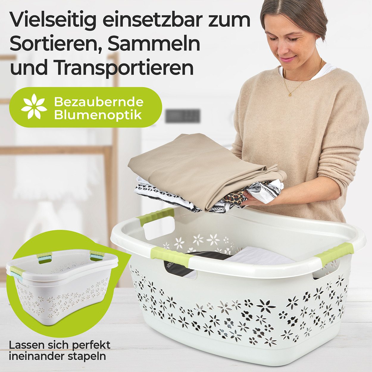 KiNDERWELT Wäschekorb Premium 50 L ergonomischer Form, Soft-Touch-Griffe, an den Körper angepasste Nierenform – Bild 4 von 5
