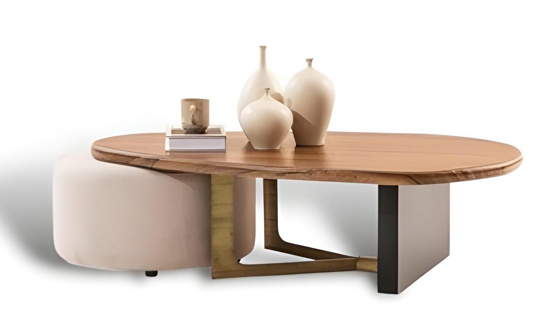Xlmoebel Satztisch XLMOEBEL Wohnzimmertisch Holz oval mit Hocker in Braun (Tisch mit Hocker, mit Hocker), Made in Europa