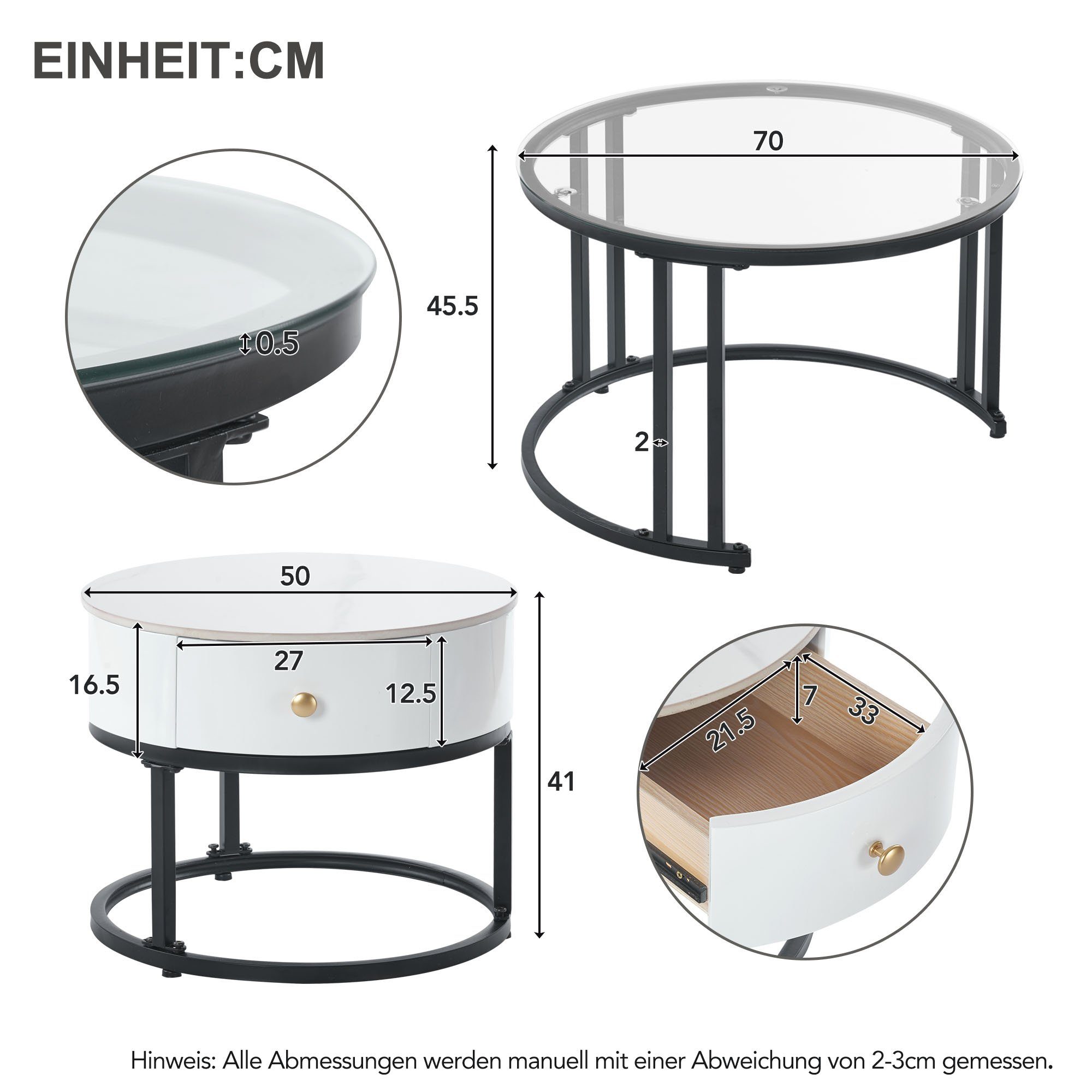 Glasplatte mit Satztisch und REDOM (2-St), Metallrahmen Marmor-Tischplatte mit 2er Couchtisch Set Beistelltisch