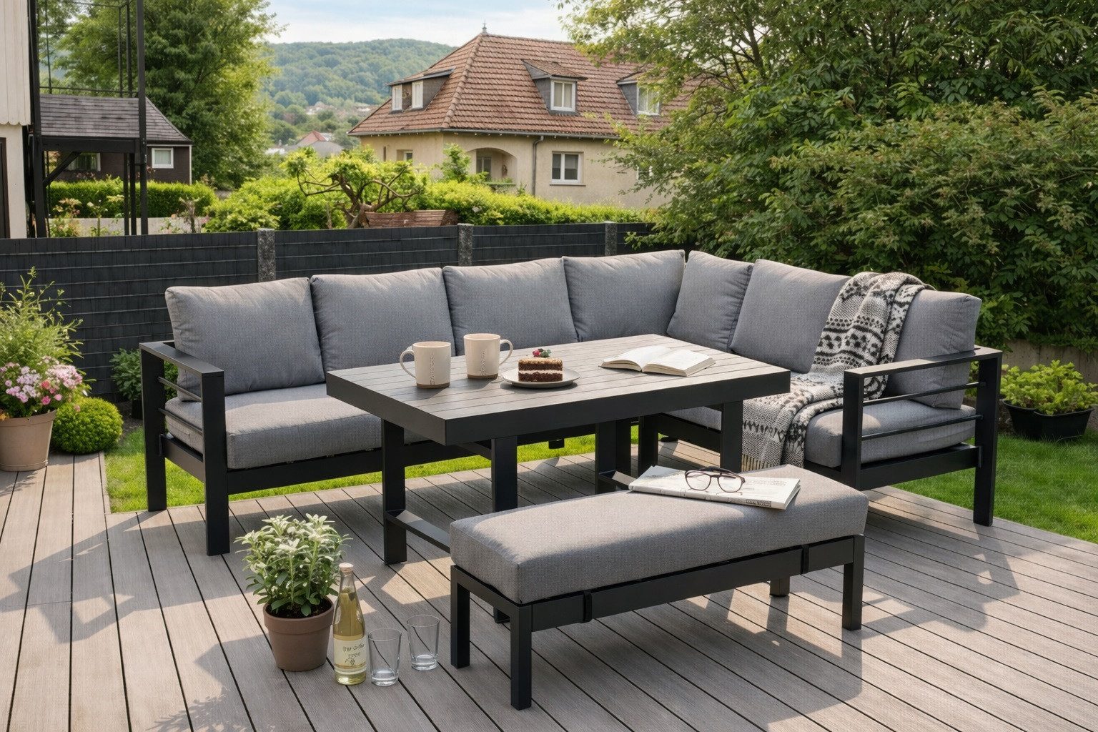 MeXo Gartenlounge-Set XXL Outdoor Lounge Set mit Esstisch, (wetterfeste modulare Ecklounge aus Aluminium, 5-tlg., Gartenmöbel Set für 6-8 Personen), 12cm Deluxe Relax-Sitzkissen, 8 cm breite Armlehne