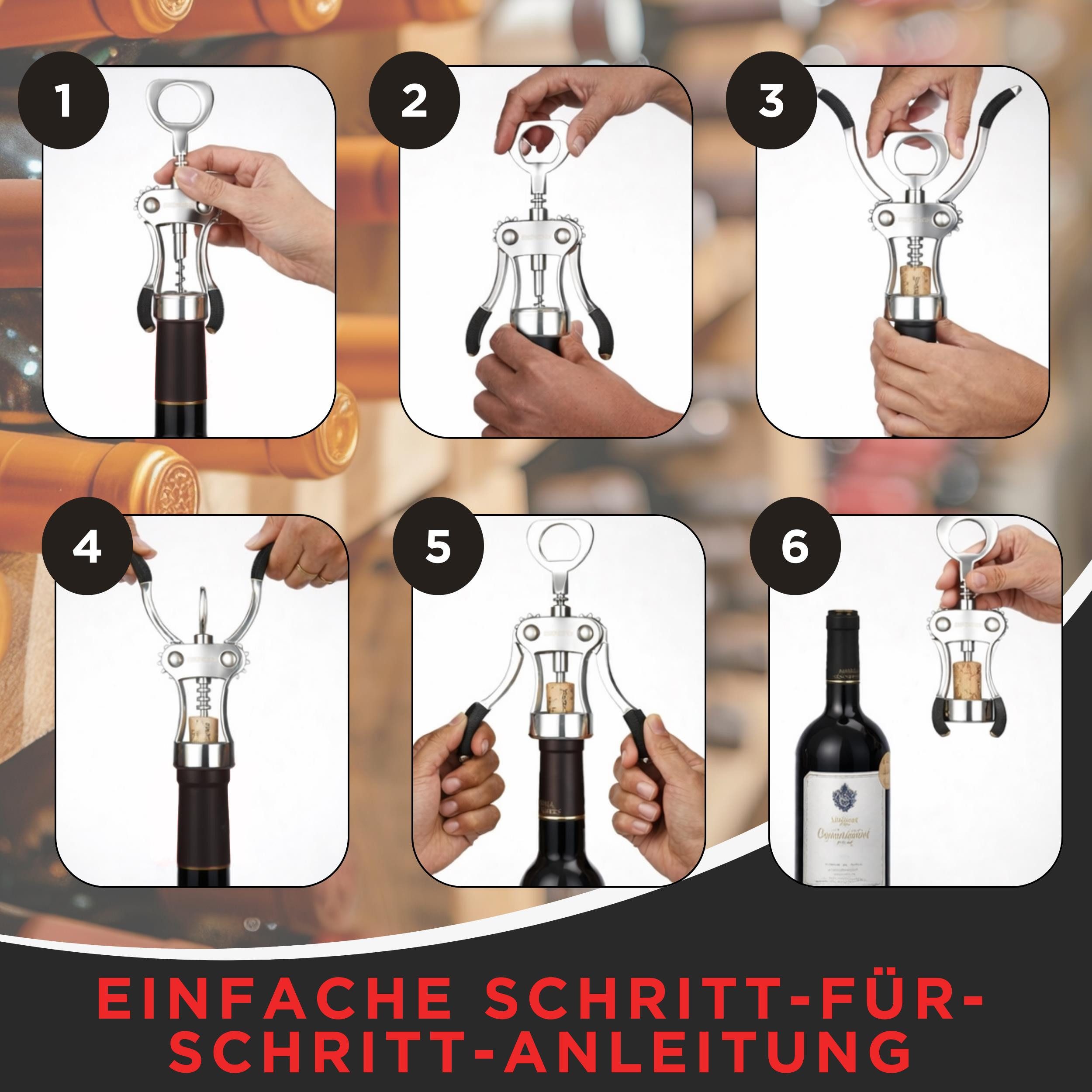 wortek Korkenzieher Weinflaschenöffner Flaschenöffner, (1er Set, 1 tlg., Hebelkorkenzieher mit Flaschenöffner), Geschenk für Wein- und Bierliebhaber – Bild 3 von 5