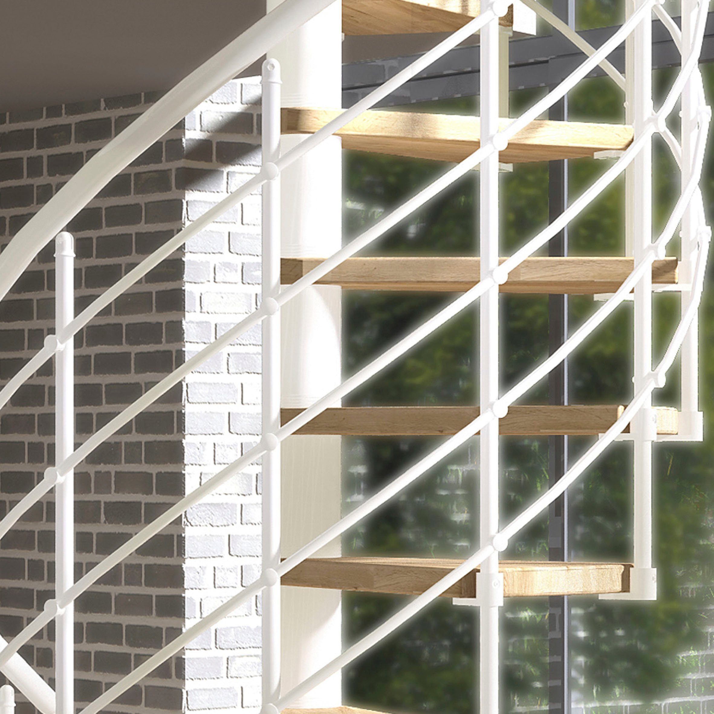 lackiert, Stufen aus Oslo, offen, Geschosshöhen Leimholz, für 140 cm, cm, Ø bis 276 Stufen Spindeltreppe Metall Dolle weiß pulverbeschichtet