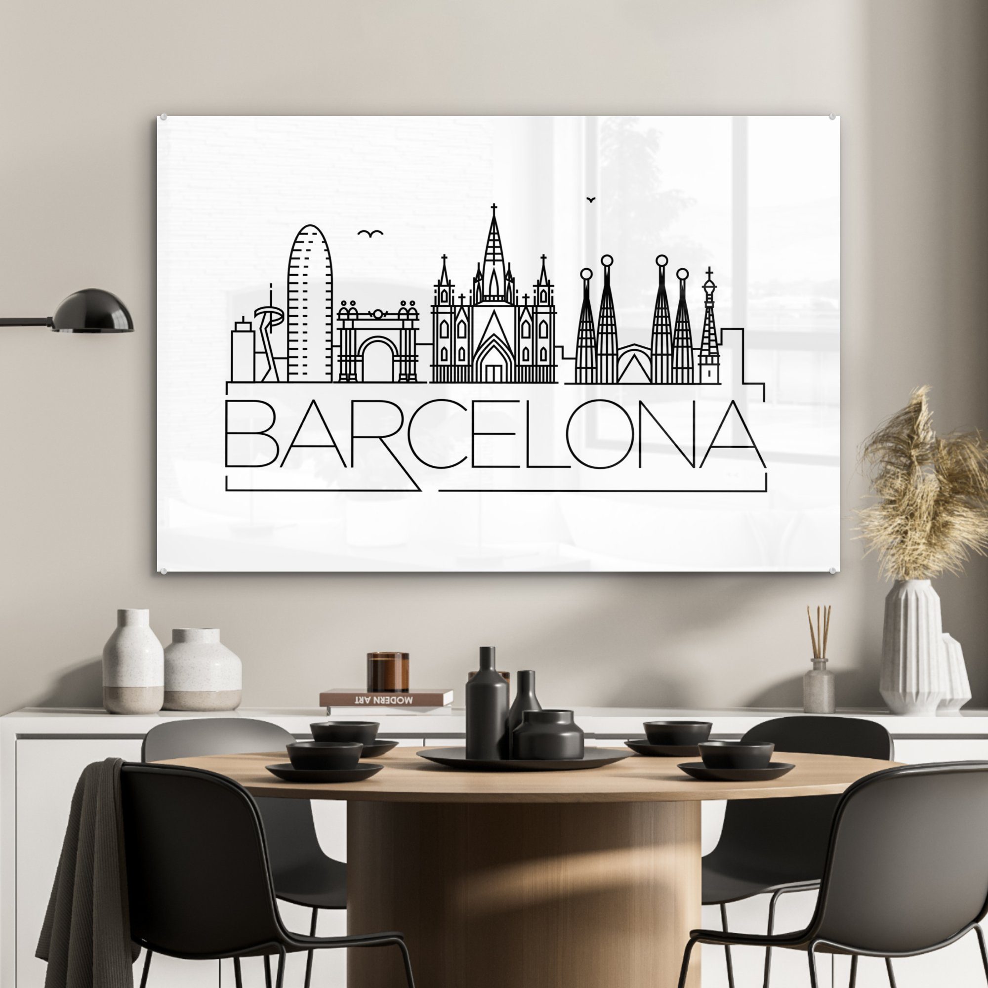 MuchoWow & Wohnzimmer Skyline St), (1 weiß, Acrylglasbild auf Acrylglasbilder Schlafzimmer "Barcelona" schwarz