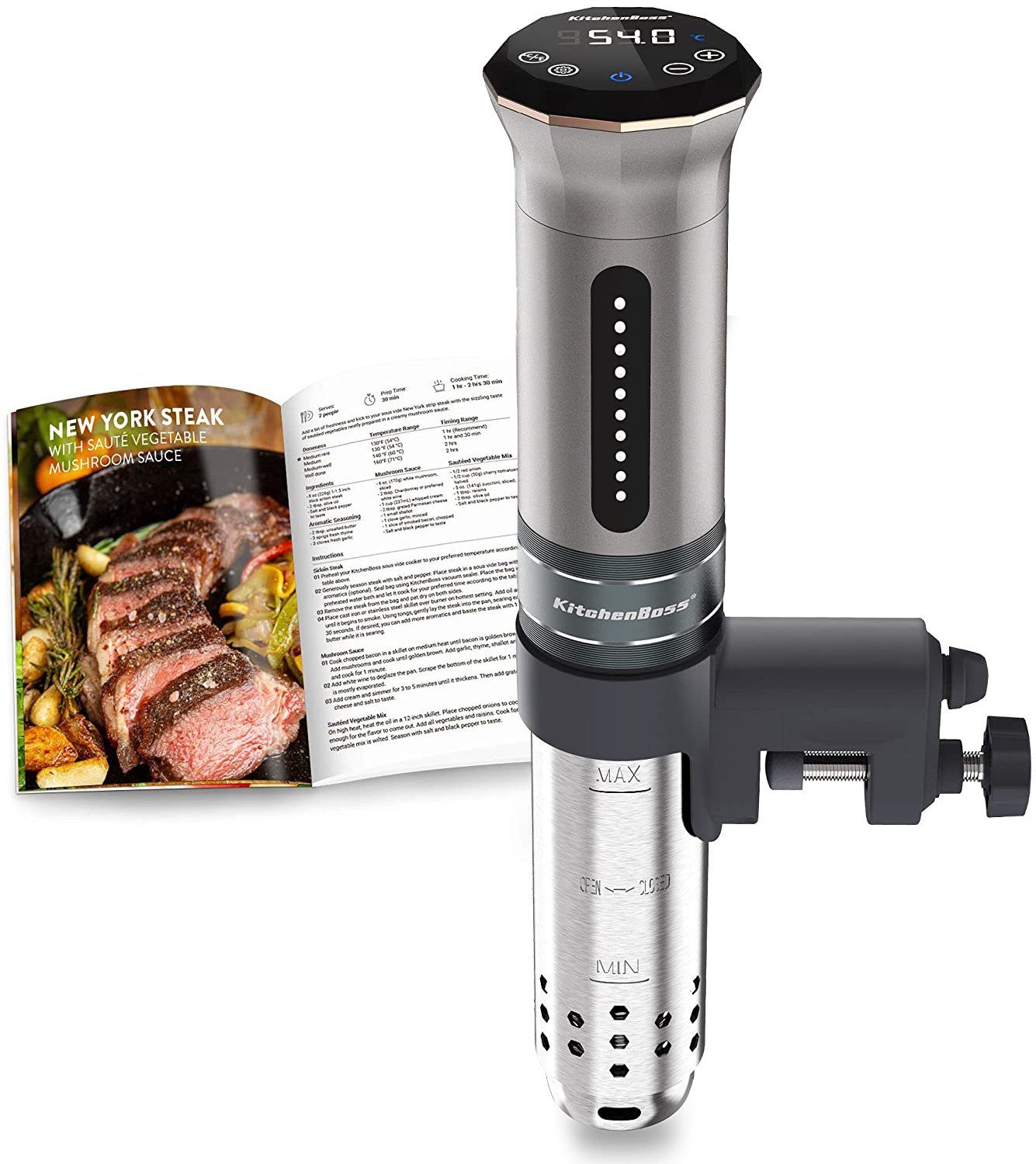 Heidenfeld Sous-Vide Stick KitchenBoss Sous Vide Garer G300 inkl. 3 Jahre Garantie, Präzisionskocher inkl. LCD-Display - 1100 W - Touch - Thermostat