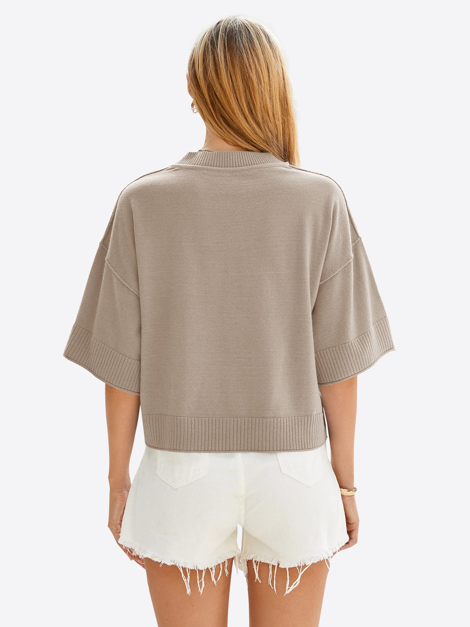 Imily Bela Strickpullover Damen Halbarm Sommer Oversized Cropped Casual Sweater (Packung, 1-tlg., 1per-Pack) in Unifarbe gehäkelt