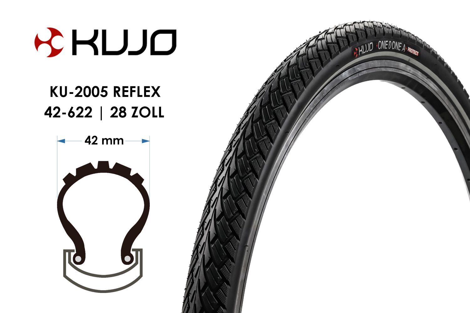 Kujo Fahrradreifen 28 Zoll Fahrrad Reifen 28x1.6 Kujo 42-622 Pannschutz Reflex Streifen