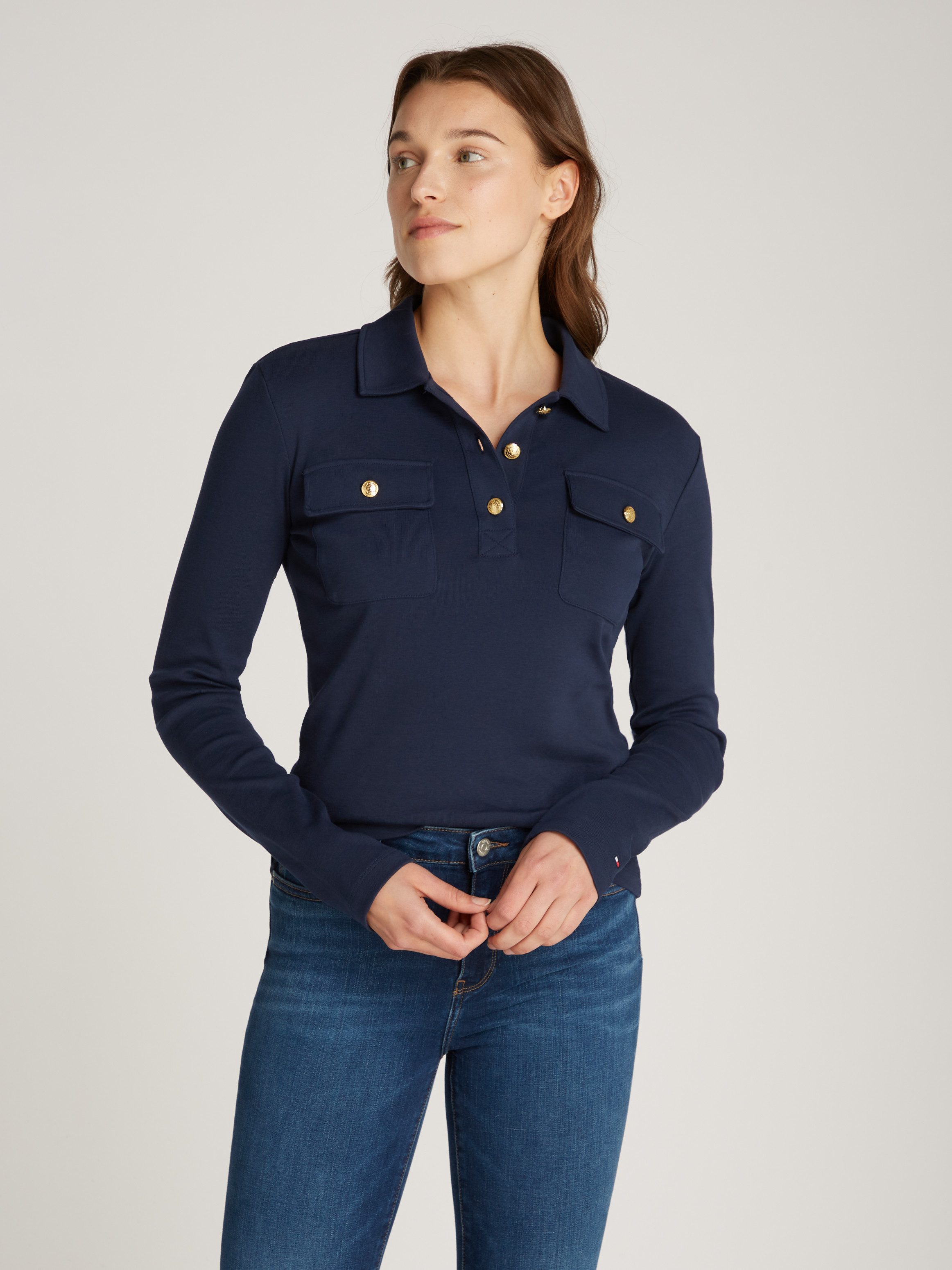 Tommy Hilfiger Poloshirt SLIM GOLD BTN POLO LS mit Brusttaschen, goldfarbenen Knöpfen