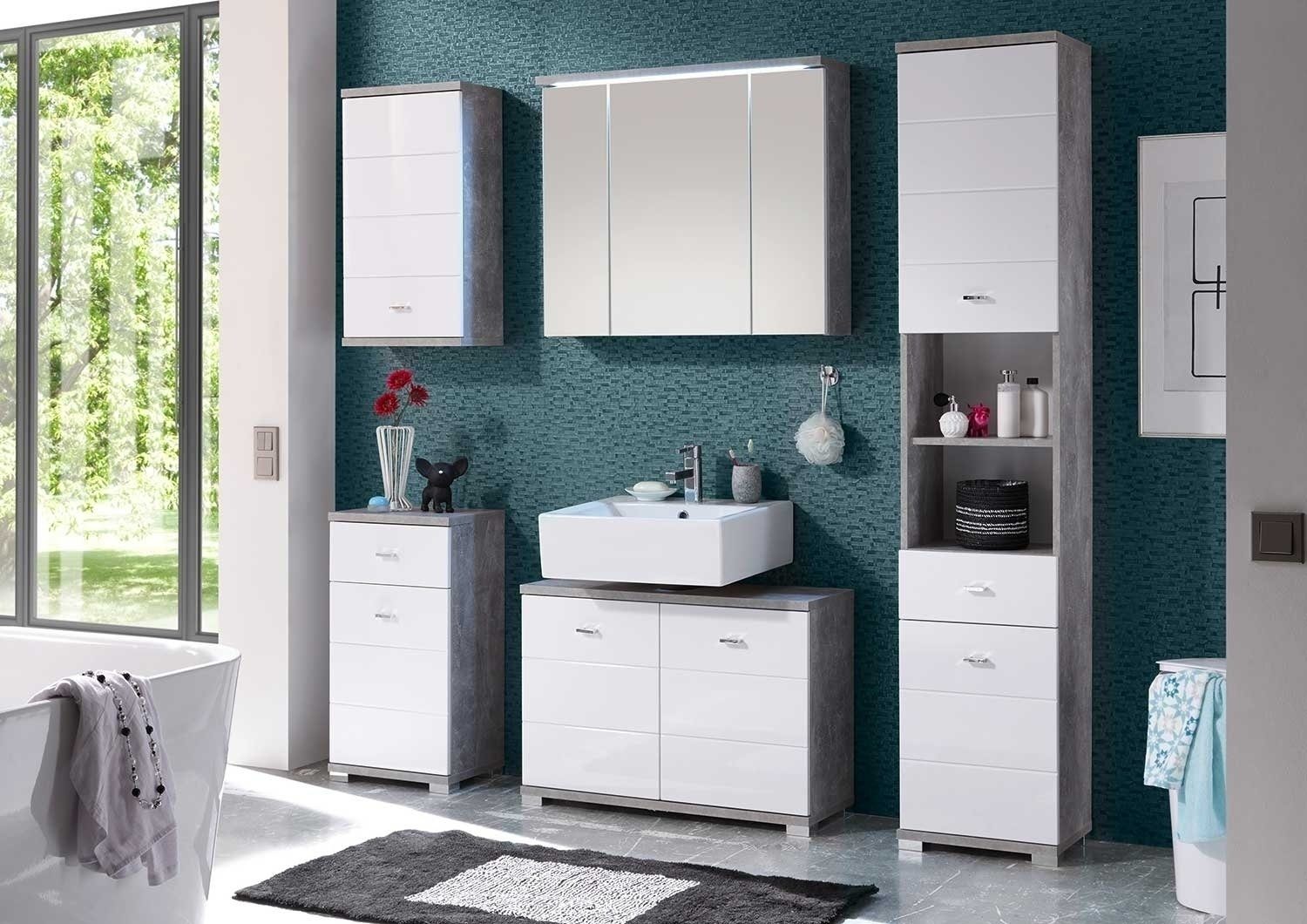 Badezimmerspiegelschrank 80 cm, grau, inkl. POOL, B 3 Spiegeltüren, Betondekor LED-Beleuchtung