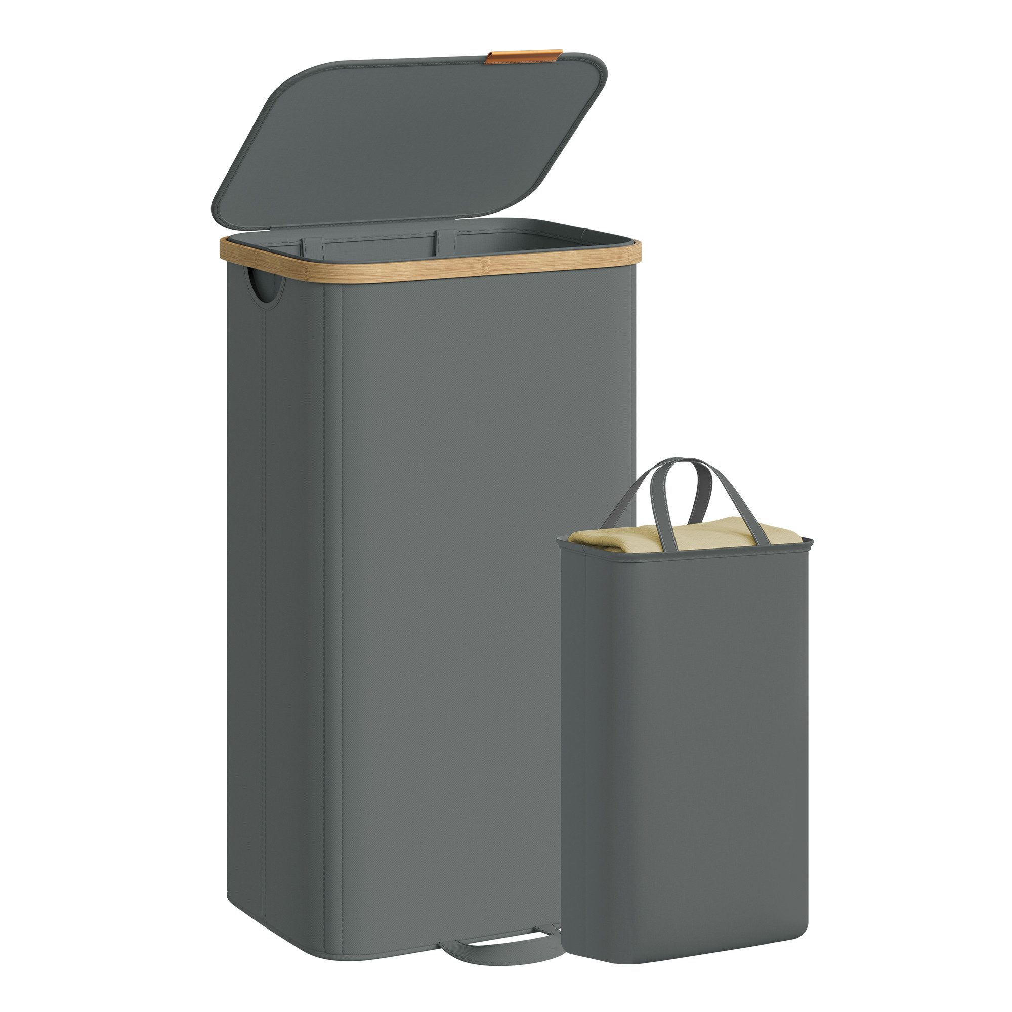 SONGMICS Wäschekorb mit Deckel, Wäschesammler, Wäschetonne, für Waschküche, Schlafzimmer, Wäschesack herausnehmbar, Bambusrahmen, 100 Liter