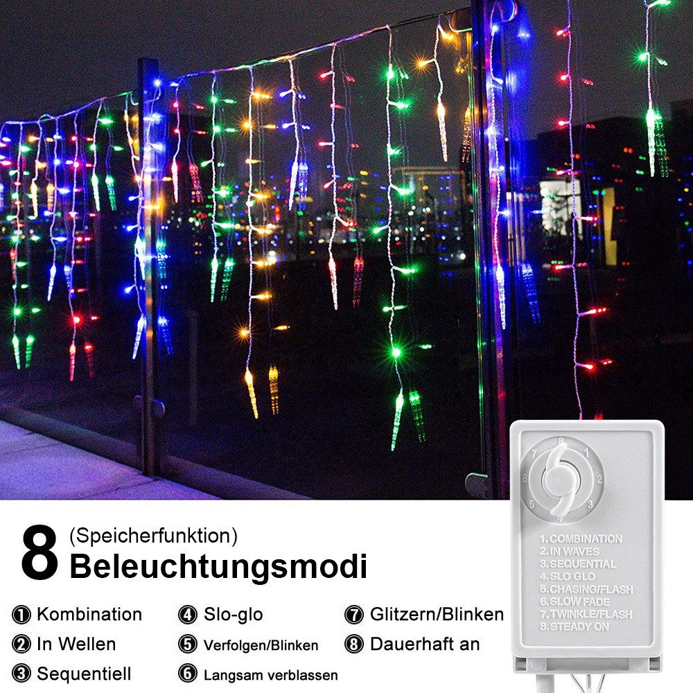 Rosnek LED-Lichtervorhang Eiszapfen-Anhänger, wasserdicht, 8 Modi, Memory-Funktion; Traufe Multicolor anschließbar Weihnachtsdeko, für
