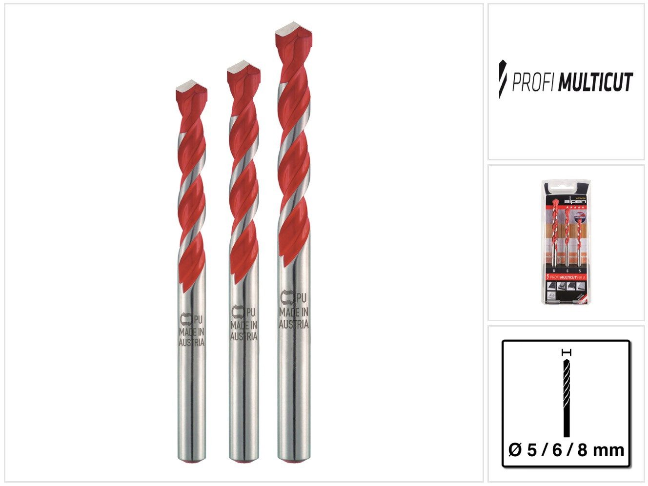 Alpen Universalbohrer Profi Multicut PM 3 tlg. Hartmetall Mehrzweckbohrer Set 5 - 8 mm PGM