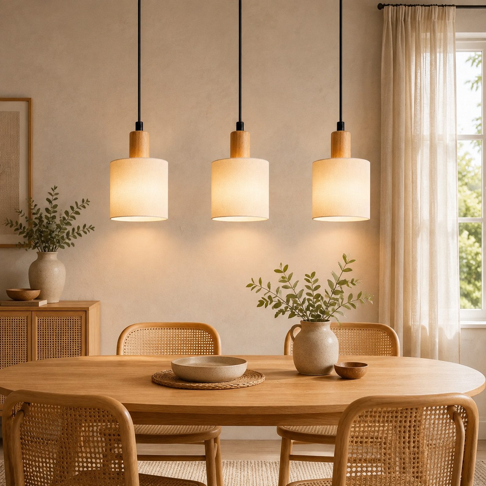 Nettlife Pendelleuchte 1/3/4flammig E14 Holz Stoff Schirm Weiß rustikale Deckenlampe, ohne Leuchtmittel, Küche Wohnzimmer Restaurant Schlafzimmer Flur