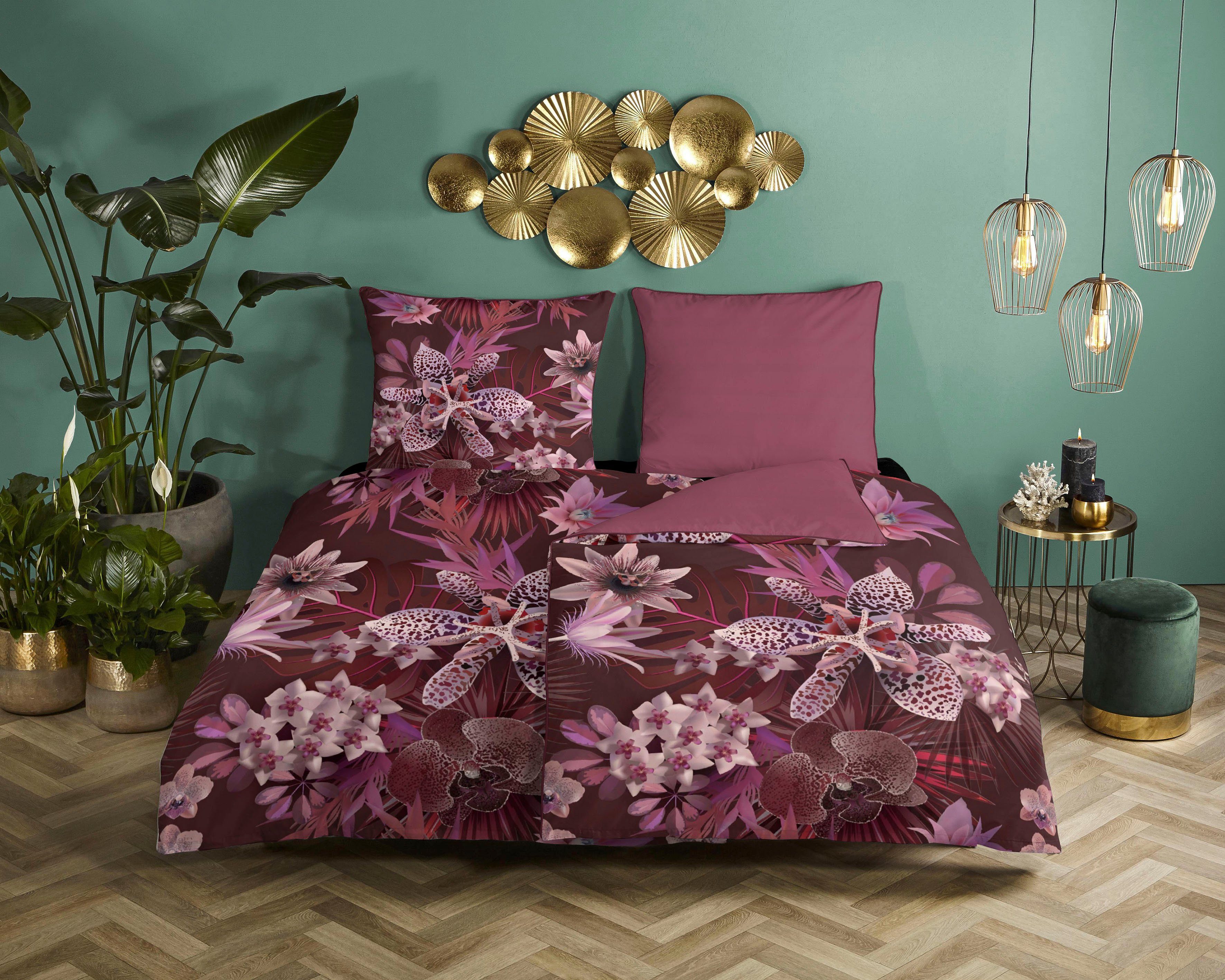 Descanso Wendebettwäsche Farze, Satin (Bio-Baumwolle), 2 teilig, Baumwolle, Mako Satin, 135x200, Biese, Reißverschluss, Wende, Blumen
