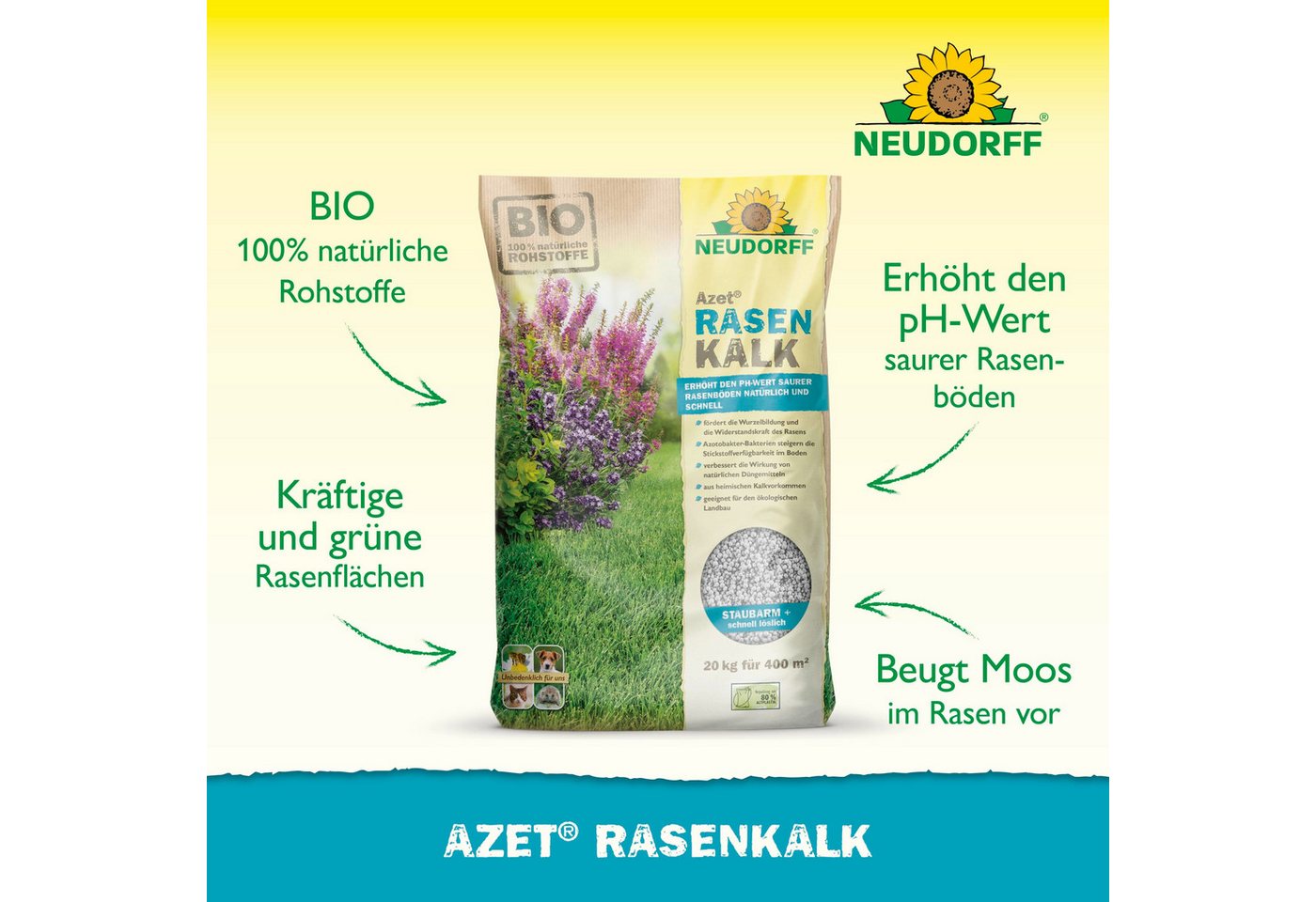 Thumbnail - Neudorff Rasenkalk Bio - Azet RasenKalk für 400 m² - 20 kg, Gartenkalk erhöht den pH-Wert saurer Rasenböden schnell, Kal...