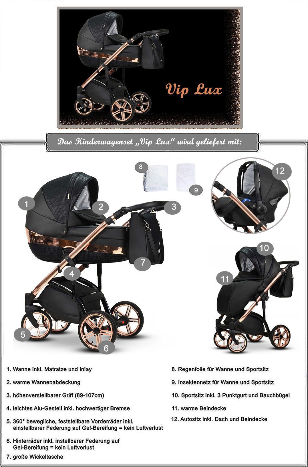 BabyMerc Kombi-Kinderwagen Vip Lux 4 in 1 inkl. Sportsitz, Autositz und Zubehör in 21 Farben