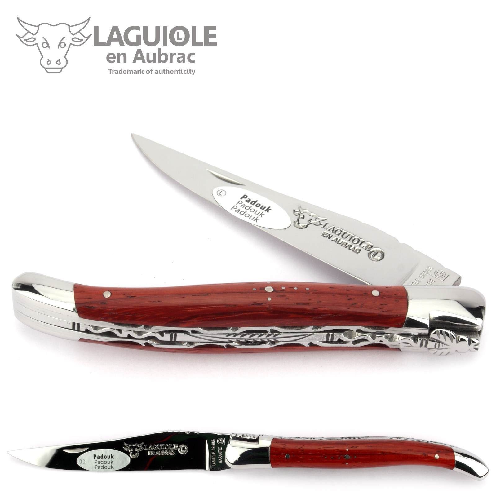 Laguiole en Aubrac Taschenmesser L0712PKIFI, Griff 12cm Padouk - Feder verziert - Doppelplatine - Stahl glänzend