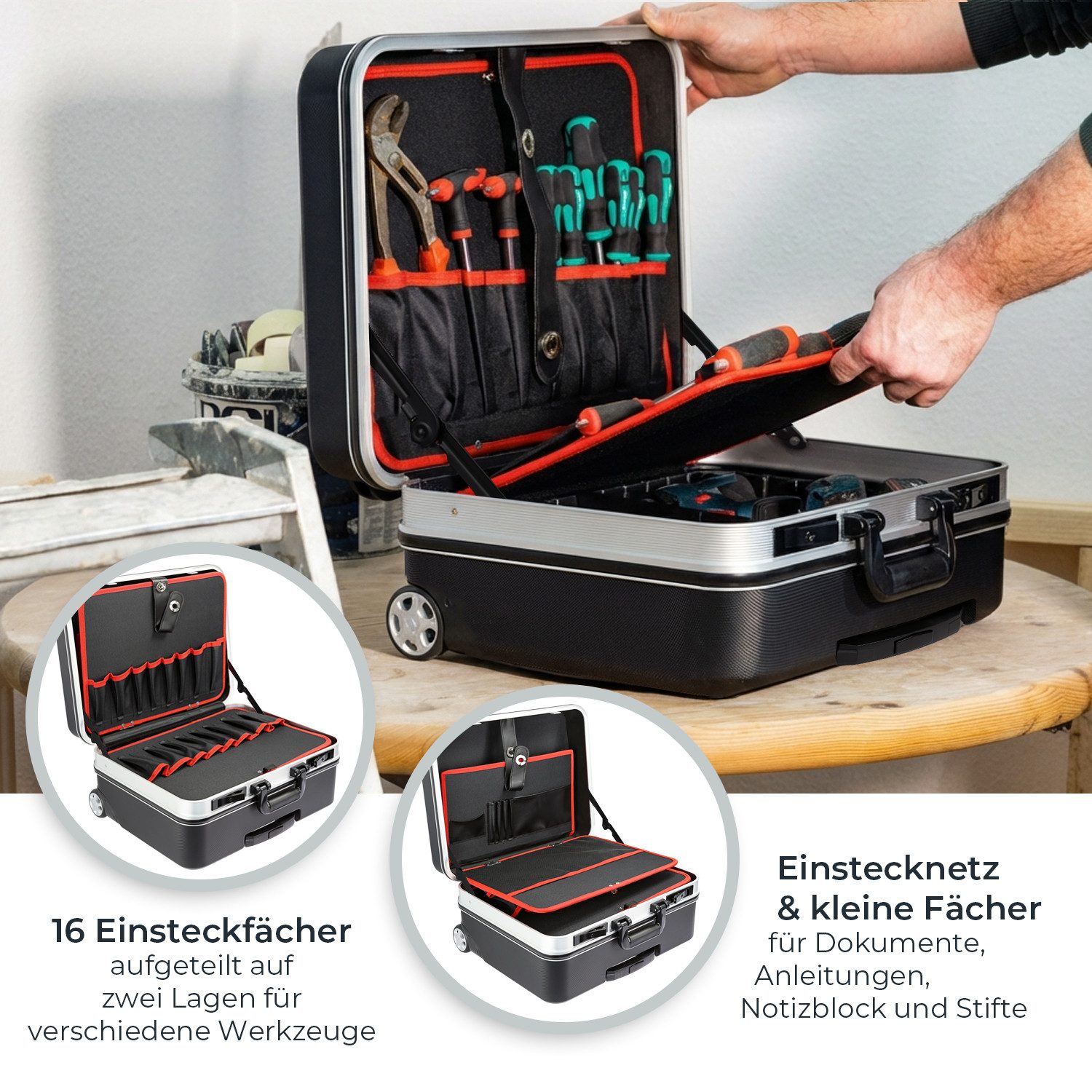 HMF Werkzeugkoffer Werkzeugtrolley leer aus ABS-Kunststoff mit Aluminiumrahmen, Werkzeugkiste mit Rollen & Teleskopgriff, abschließbar 47x40x24,5 cm