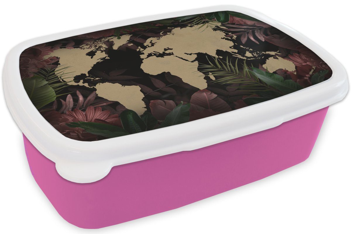 MuchoWow Lunchbox Weltkarte Tropische Brotbox Pflanzen Mädchen, rosa - für (2-tlg), Brotdose Kinder, - Kunststoff, Snackbox, Kunststoff Erwachsene, Braun