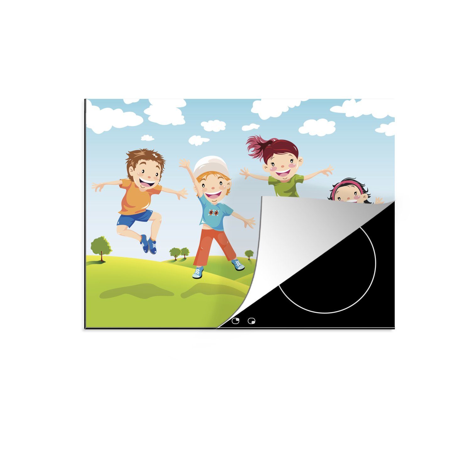 MuchoWow Herdblende-/Abdeckplatte Illustration (1 springenden einer aus von Arbeitsfläche Ceranfeldabdeckung 70x52 tlg), Familie, nutzbar, Mobile Vinyl, Kindern cm