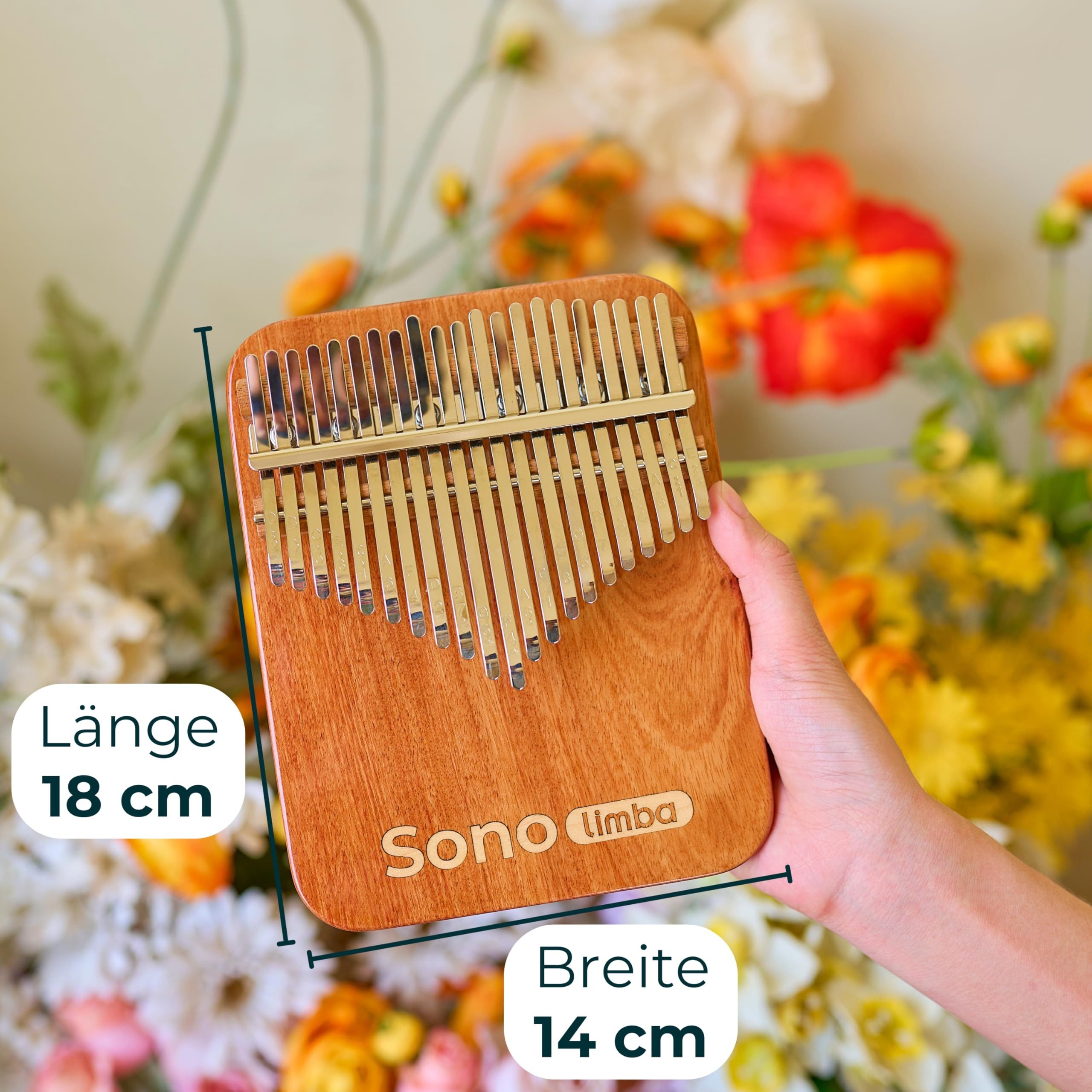 Sonodrum Kalimba mit 17 Schlüsseln in C - Dur aus Korallenholz,Daumenklavier inkl. Set mit Liederbuch, Schutztasche, Stimmhammer und weiteres -, Kalimba Instrument für Kinder und Erwachsene