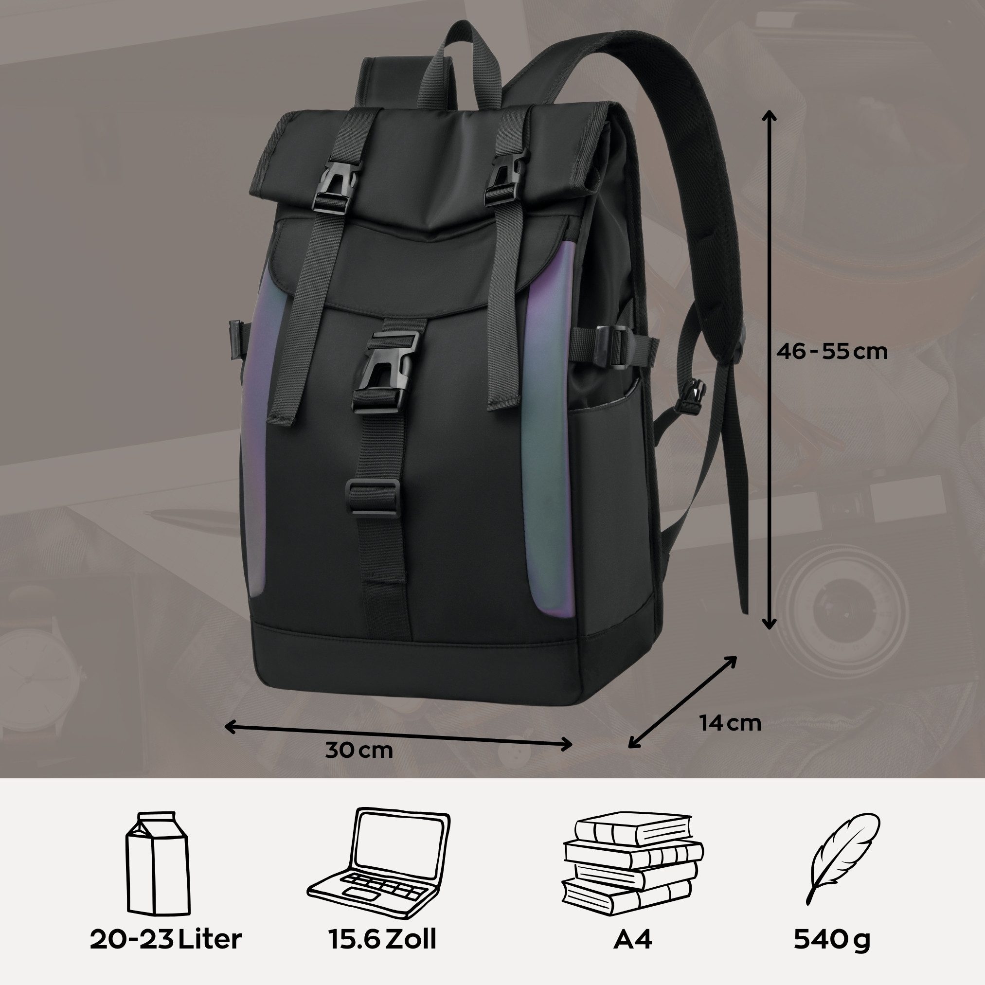 Rebel Rucksack Tagesrucksack Rucksack - Großzügiges Raumwunder, Reflektierend für Sicherheit, Laptopfach, Reflektoren, Brustgurt, Kofferbefestigung