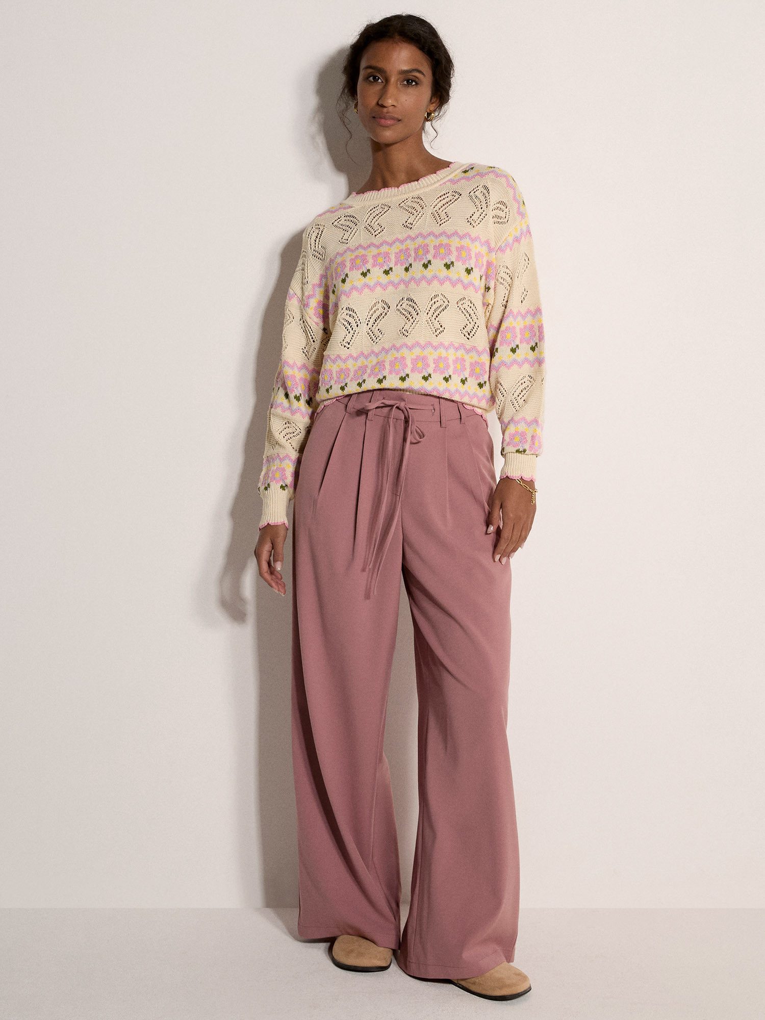 Apricot Spitzentop Pointelle-Strickjacke mit Schmetterlings- und Blumenmuster