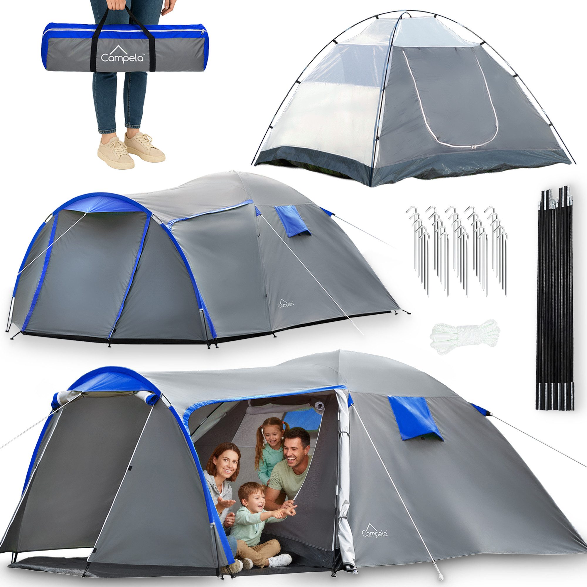 Campela Biwakzelt Familienzelt 4 Personen – wasserdicht 3000 mm – Camping – Vorraum, Personen: 4