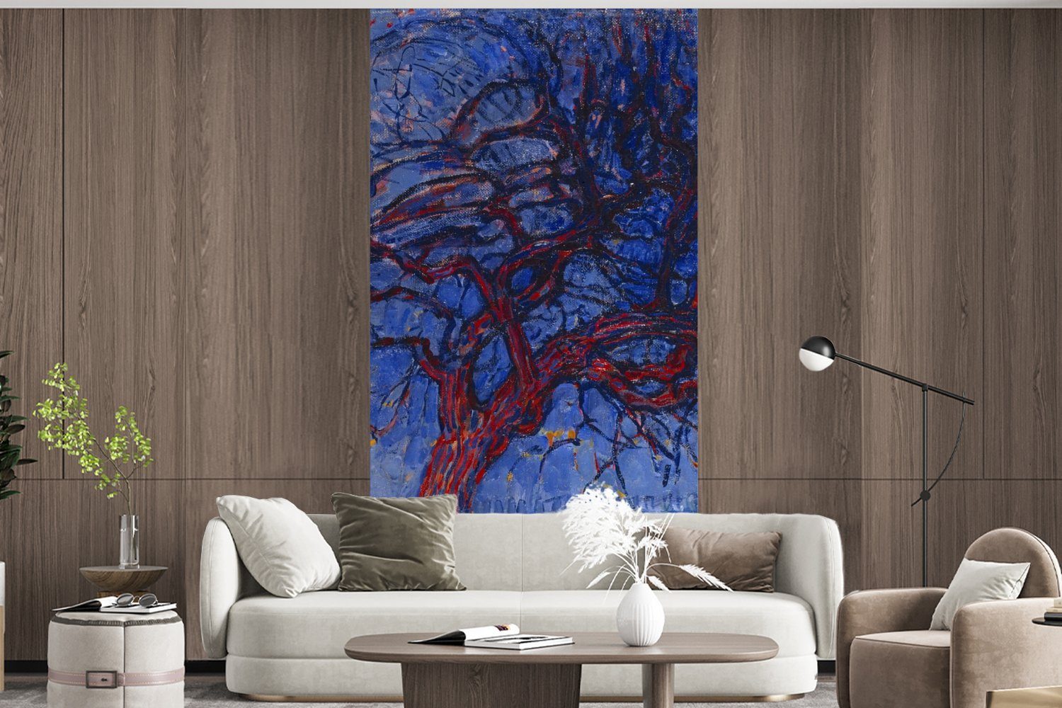 Baum für Roter - Schlafzimmer bedruckt, (2 St), Mondrian, Matt, MuchoWow Vliestapete Wohnzimmer Fototapete Küche, Piet Fototapete