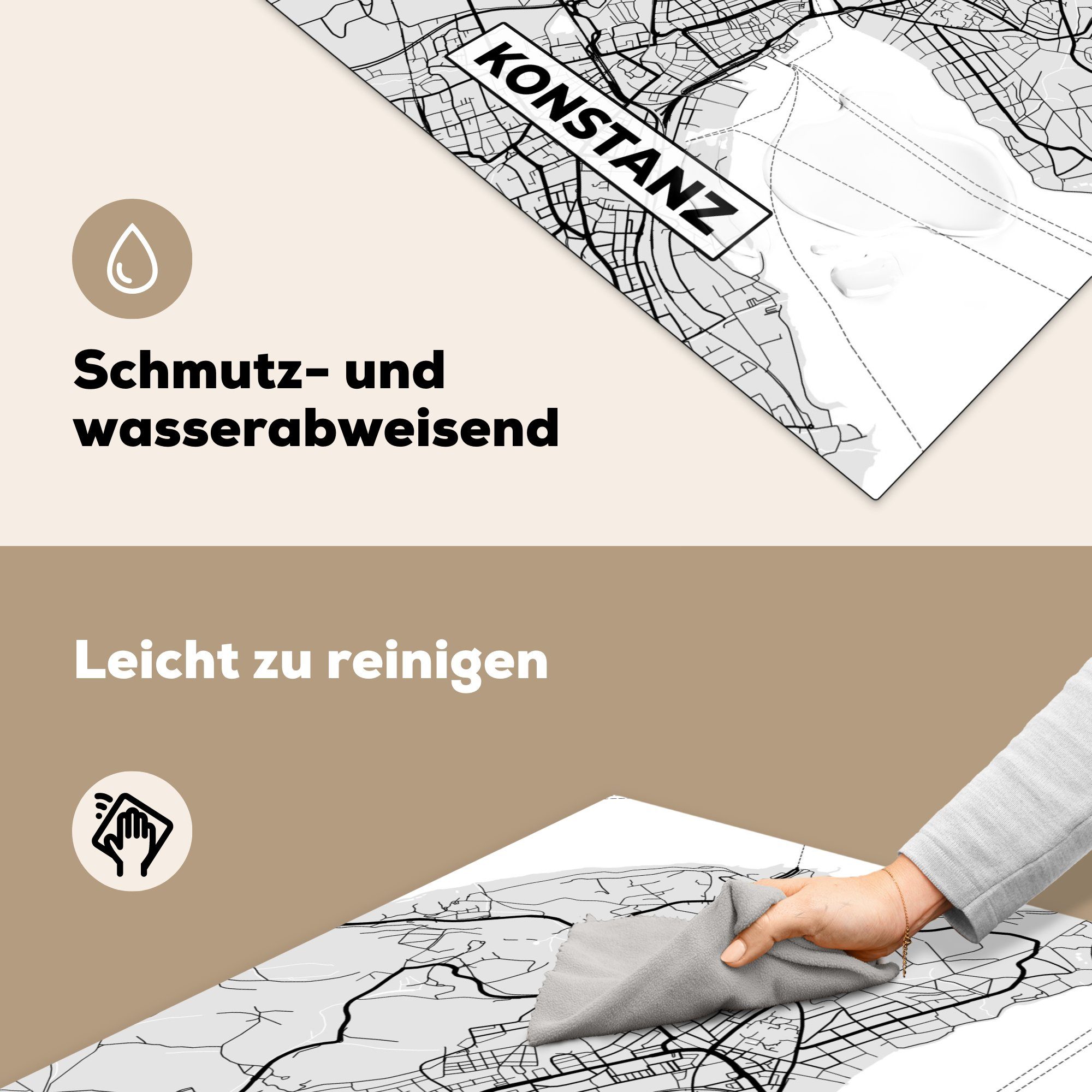 küche 78x78 Arbeitsplatte Ceranfeldabdeckung, (1 MuchoWow Herdblende-/Abdeckplatte Deutschland Karte - für cm, Karte Stadtplan, tlg), - - Vinyl, Kostanz -