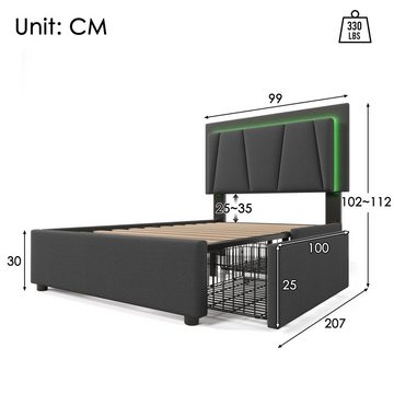 BlingBin Polsterbett Einzelbett Stauraumbett,Höhenverstellbarem Kopfteil 90x200cm (1-tlg., mit LED-Beleuchtung und 2 Schubladen)