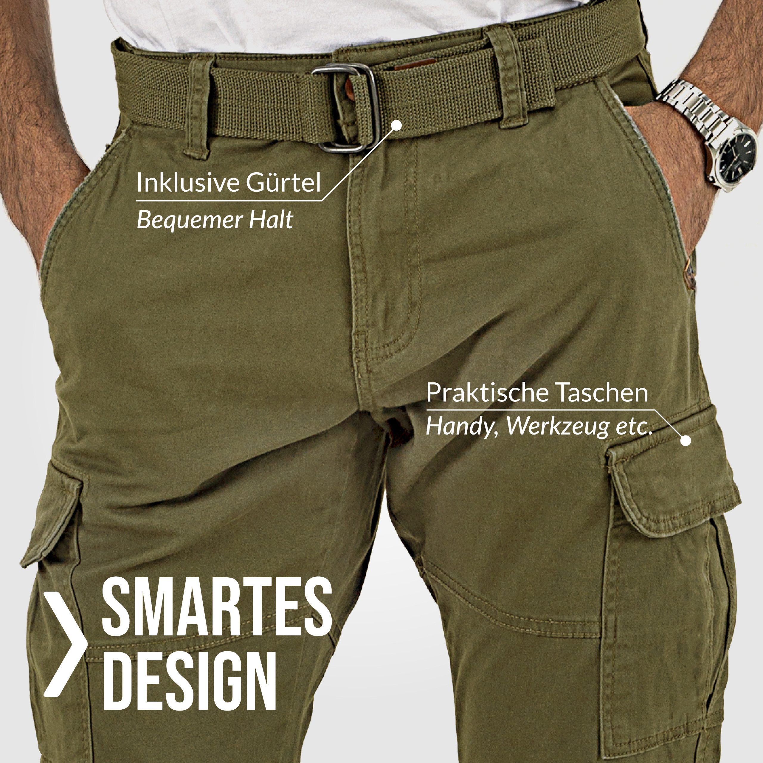 Indicode Cargohose Herren William Cargo Hose Herrenhose mit 7 Taschen, inkl. Gürtel