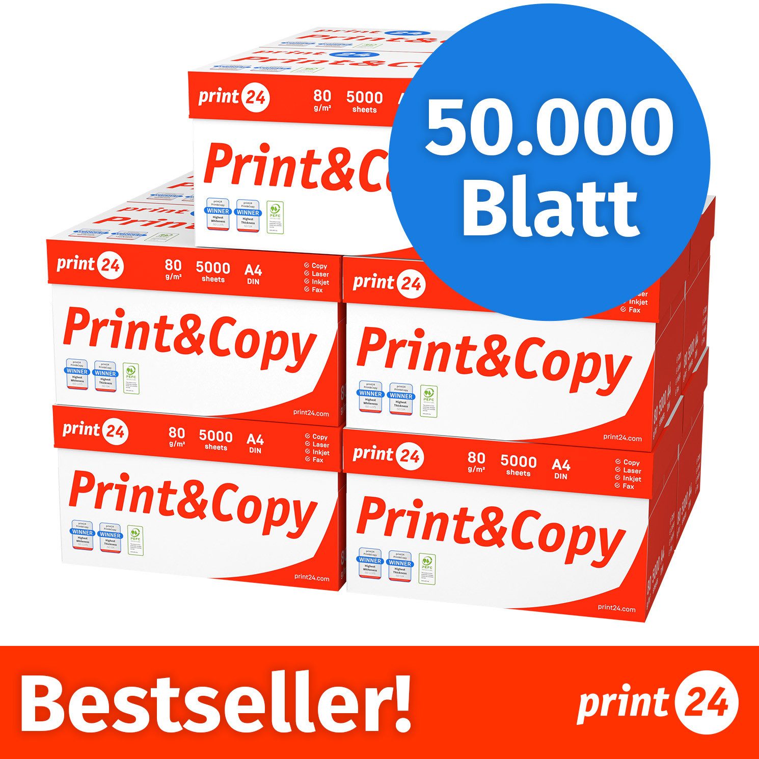 print24 Drucker- und Kopierpapier Kopierpapier 50000 Blatt A4 80g Premium Weiß PEFC zertifiziert, PEFC-Zertifikat (GFA-PEFC-COC-500582)