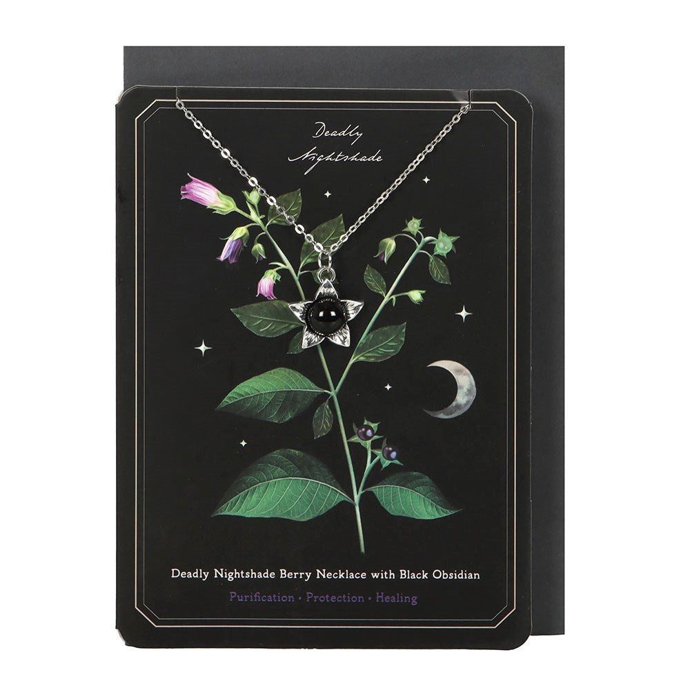 Dark-Desires Kette und Anhänger Set "Deadly Nightshade" Gothic Halskette mit Grußkarte mit Obsidianstein, Gothic-Halskette mit schwarzem Obsidianstein
