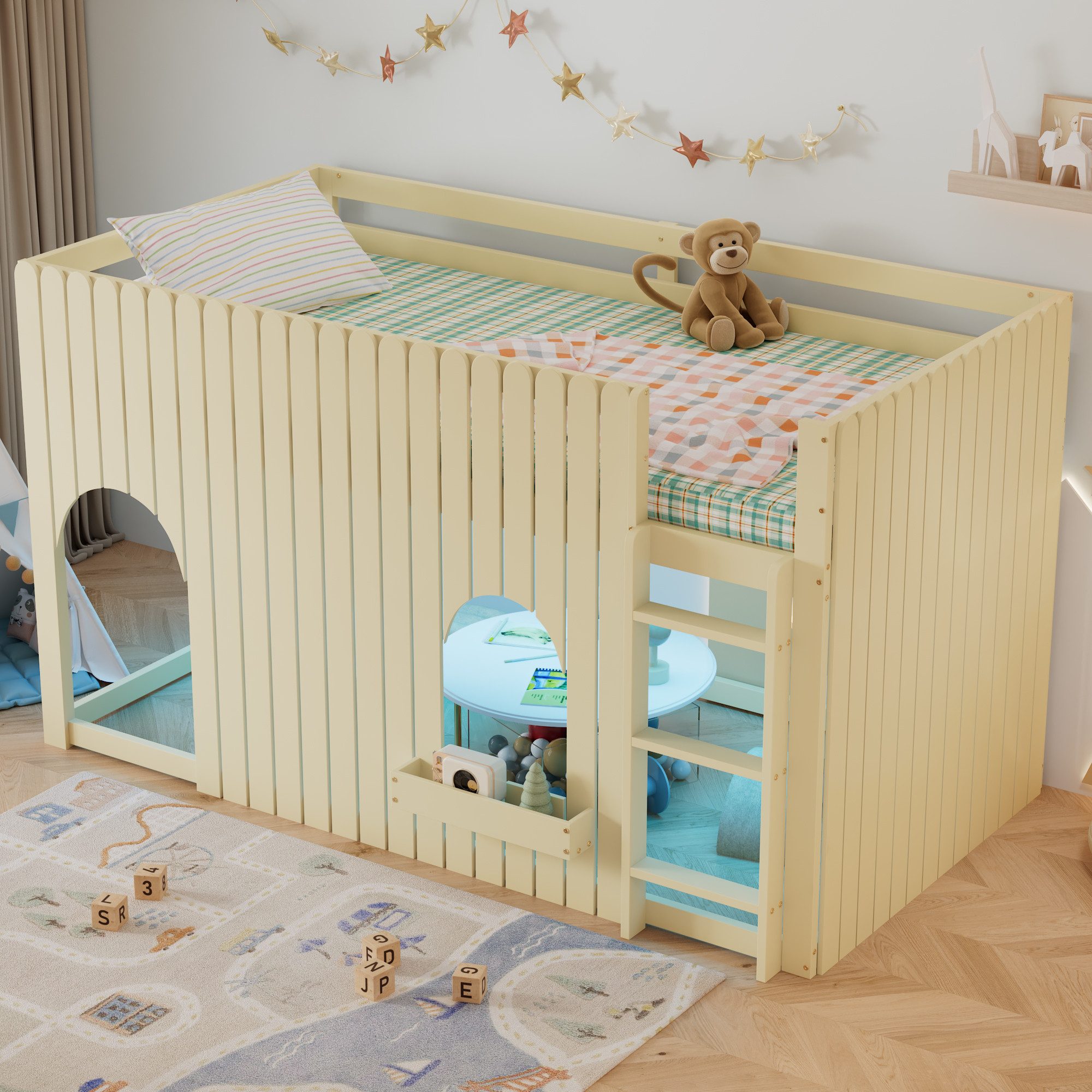 SOFTWEARY Hochbett mit RGB LED-Beleuchtung und Trittleiter (90x200 cm) Kinderbett mit Rausfallschutz und Regal, Kiefer