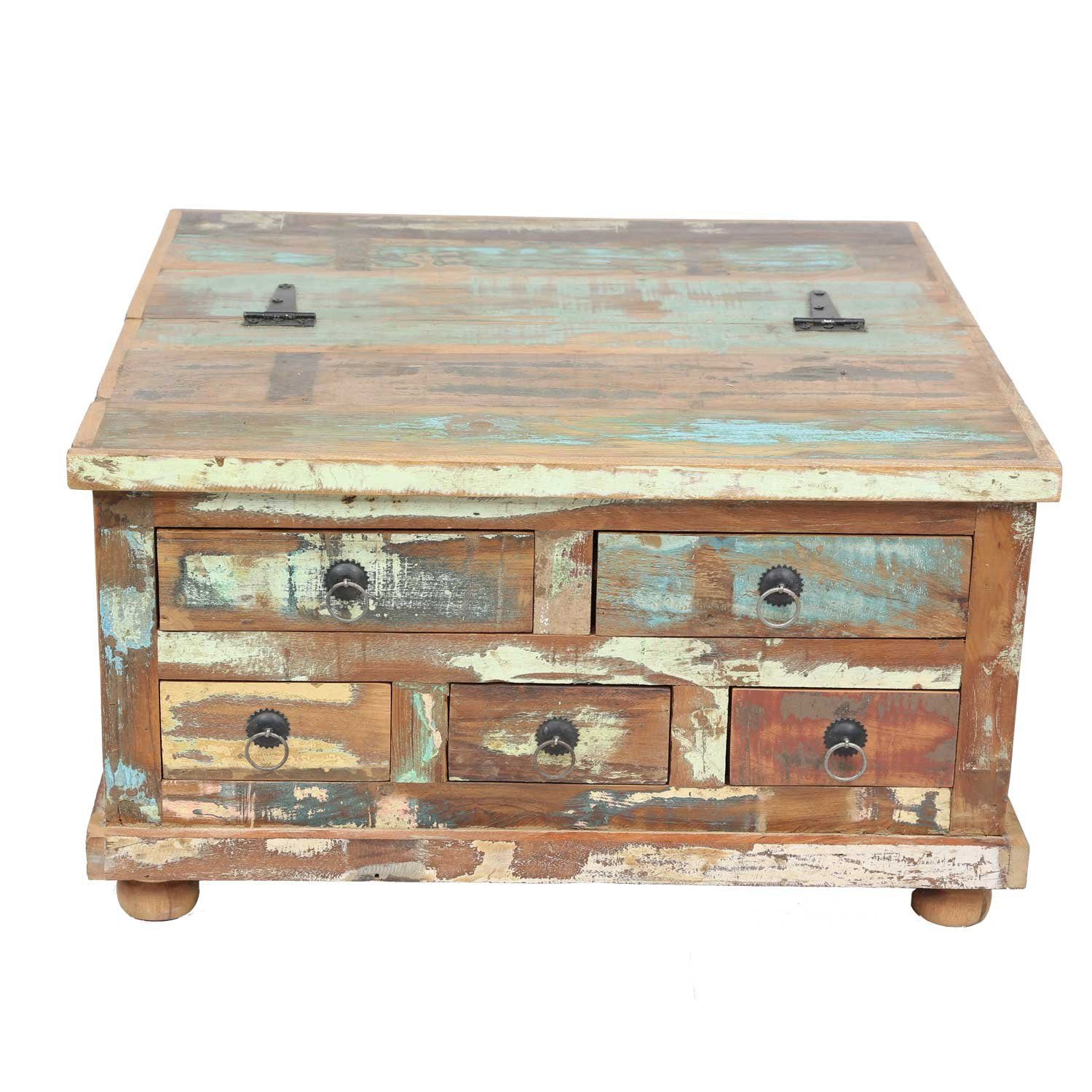 Casa Moro Truhentisch Shabby Chic Couchtisch Venezia 70x70x38 cm aus massiv Holz, aus massiven Altholz handgefertigt