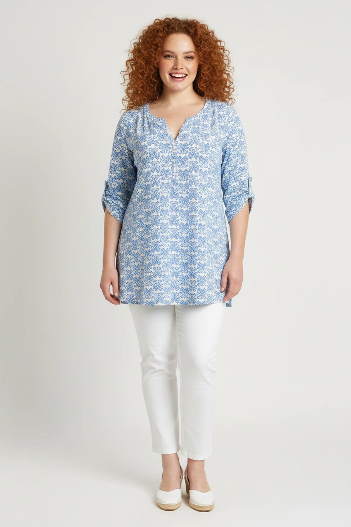 Blusentop Musterbluse mit Knopfärmeln