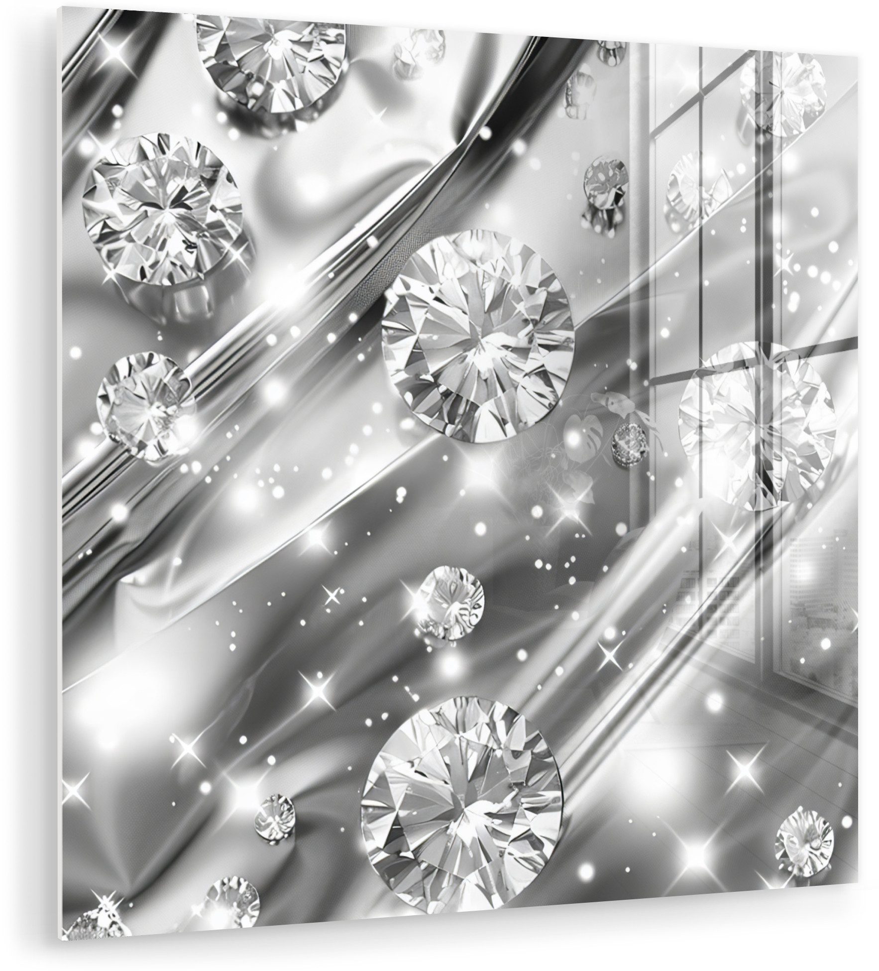 MuchoWow Acrylglasbild Abstrakt - Diamant - Luxus - Modern - Silber, Inkl. Aufhängung, Bilder auf Glas Wandbild, Wanddeko Wohnzimmer Badezimmer, 20x20 cm