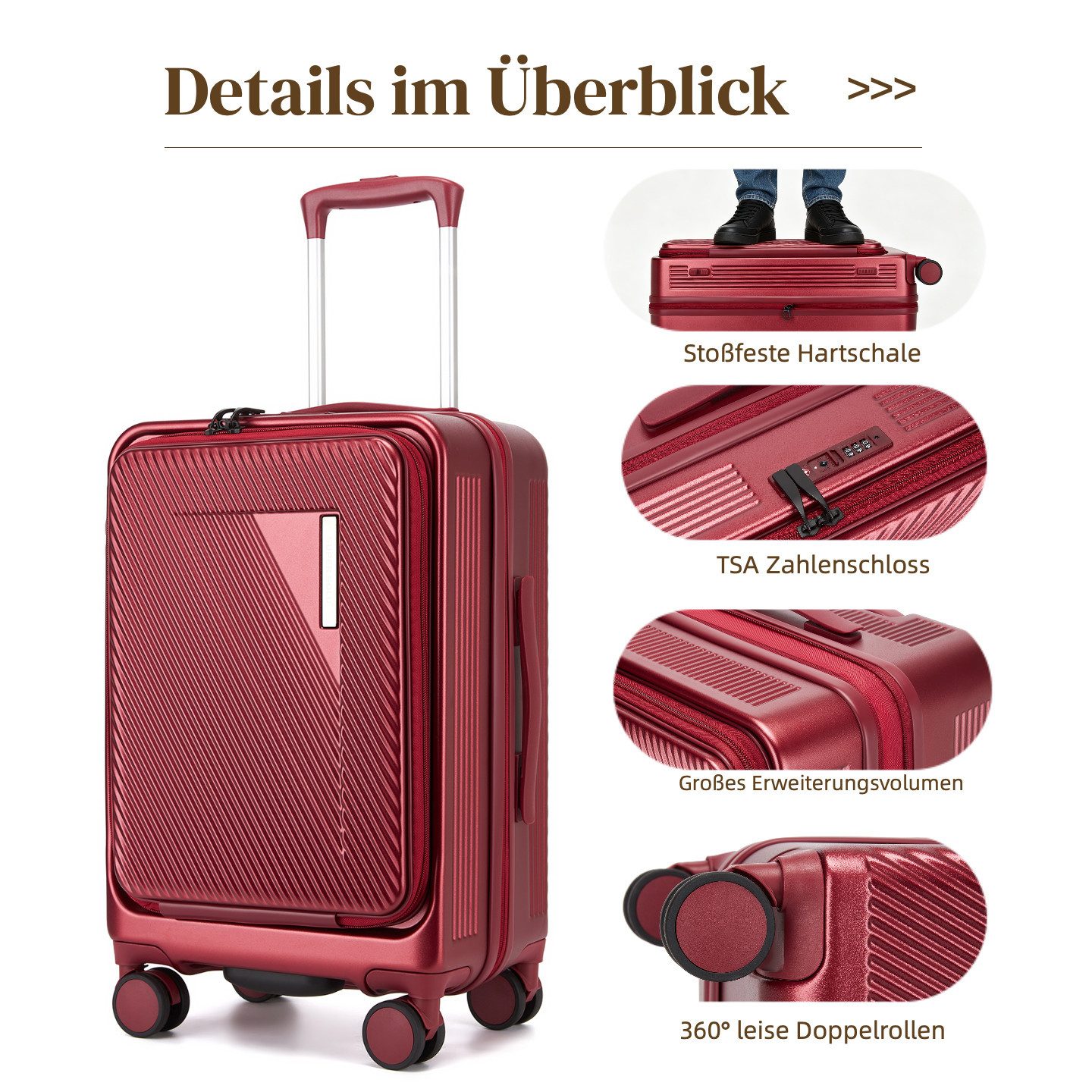 Super Solu Handgepäck-Trolley Hartschalenkoffer 55cm PC erweiterbar mit Frontöffnung & Laptopfach, 4 Rollen, Reisekoffer mit TSA-Schloss & 4 x 360° Doppelrollen, Rot