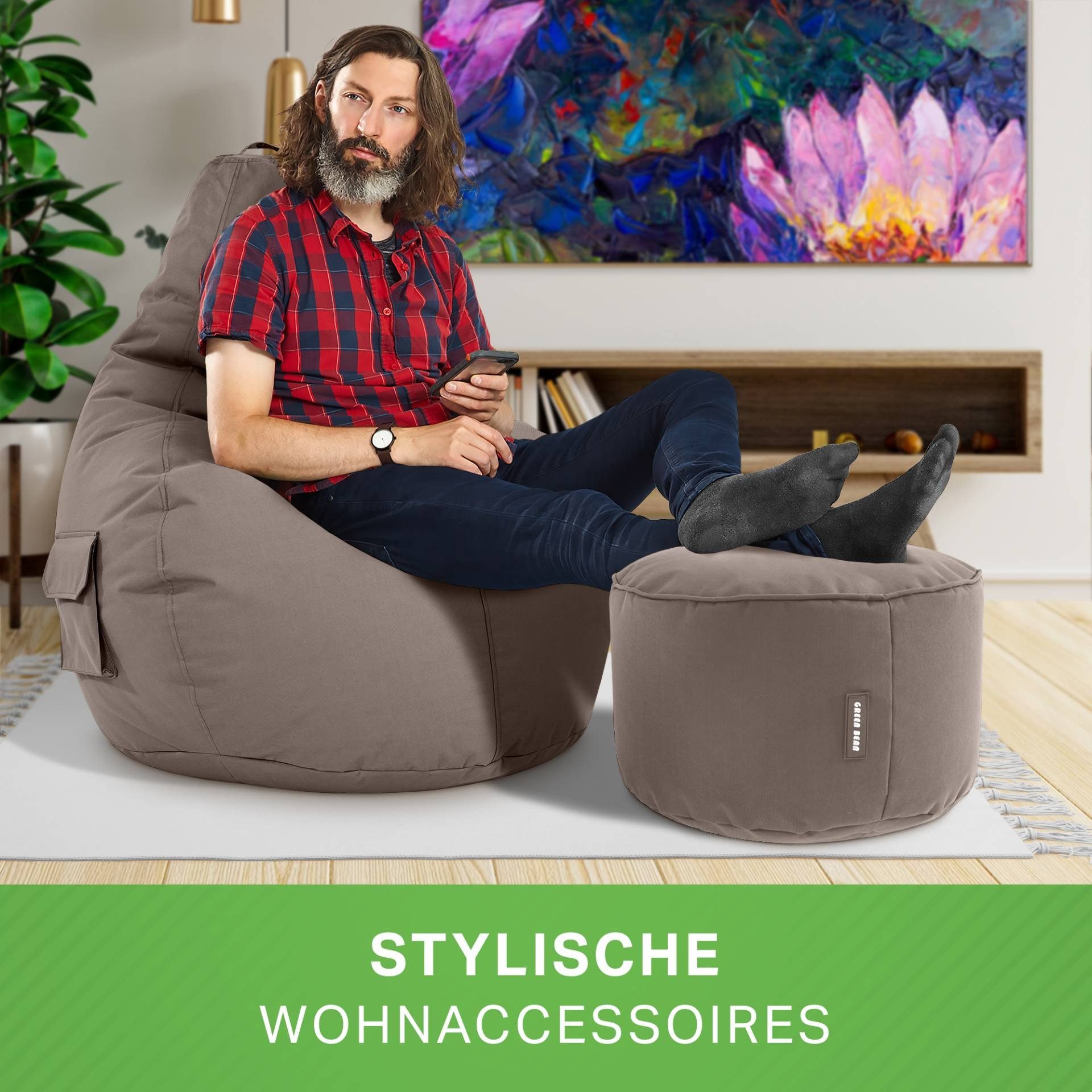 Relax-Sessel Cozy Set mit Chair Stay, Khaki Gaming Sitzhocker, + Bean Green Sitzsack Sitzkissen,